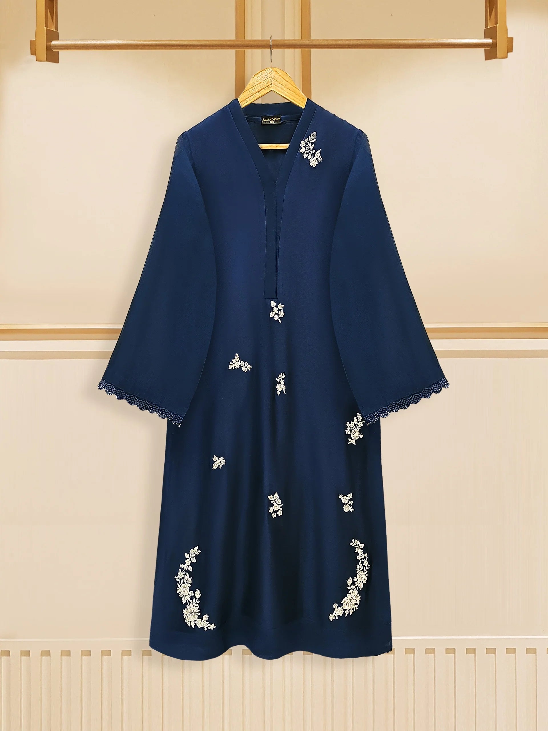 Agha Noor Navy Blue Embroidered Pure Cotton Net 3-Piece Suit