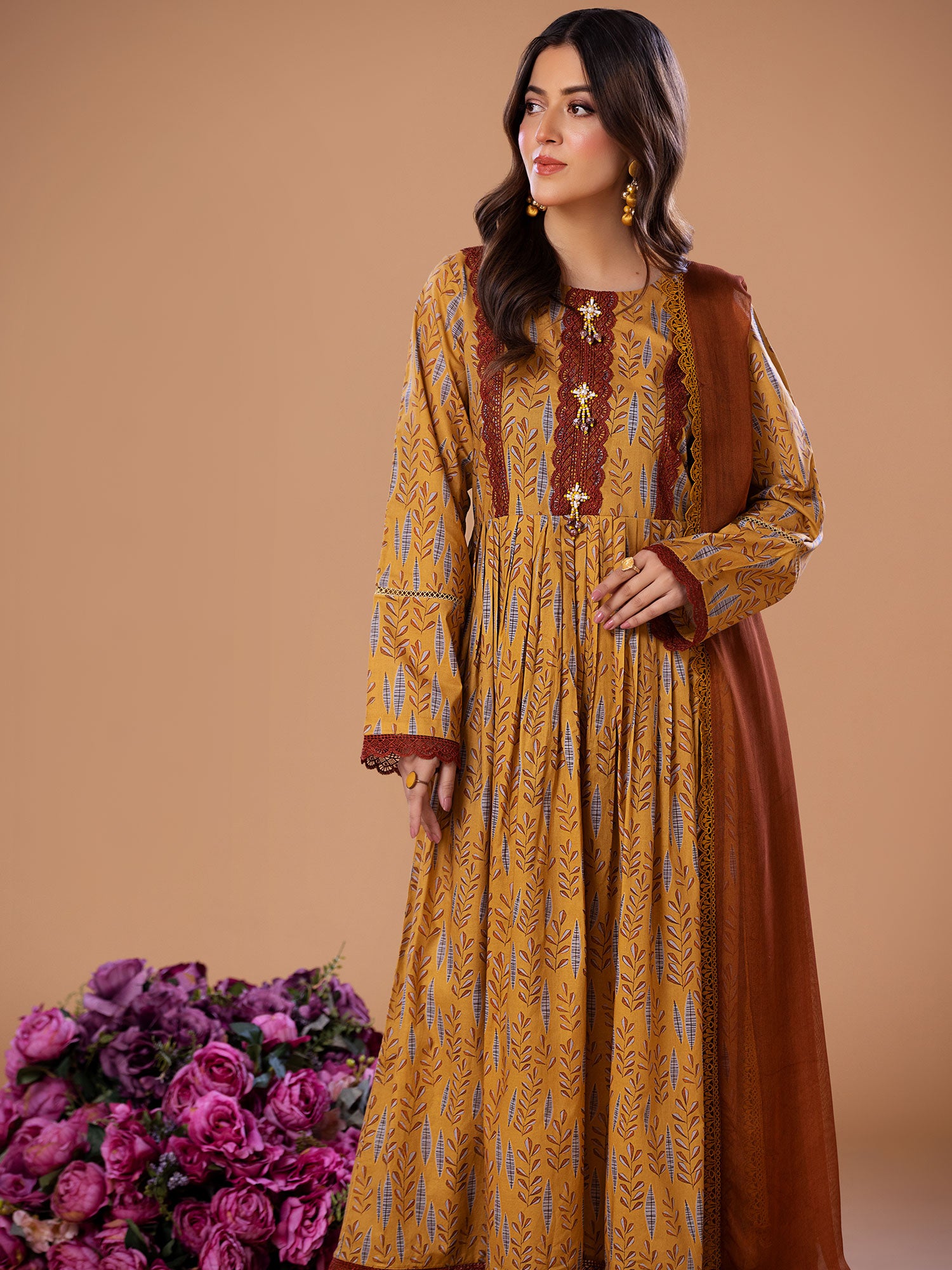 Heera's Brown Cambric 3-Piece Frock Suit