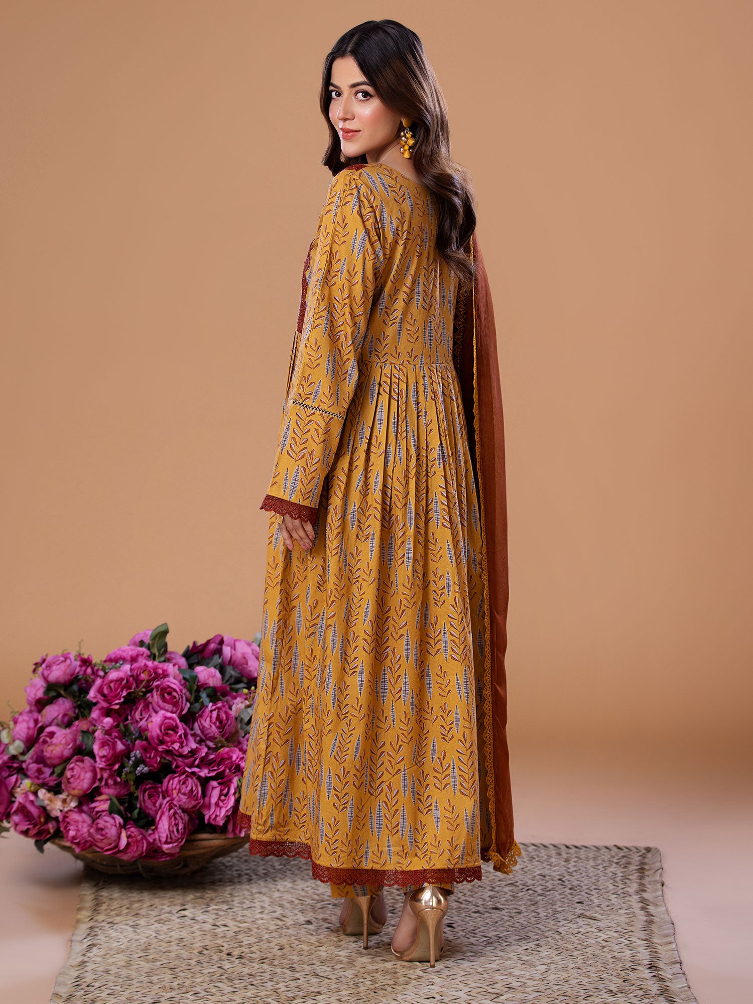 Heera's Brown Cambric 3-Piece Frock Suit