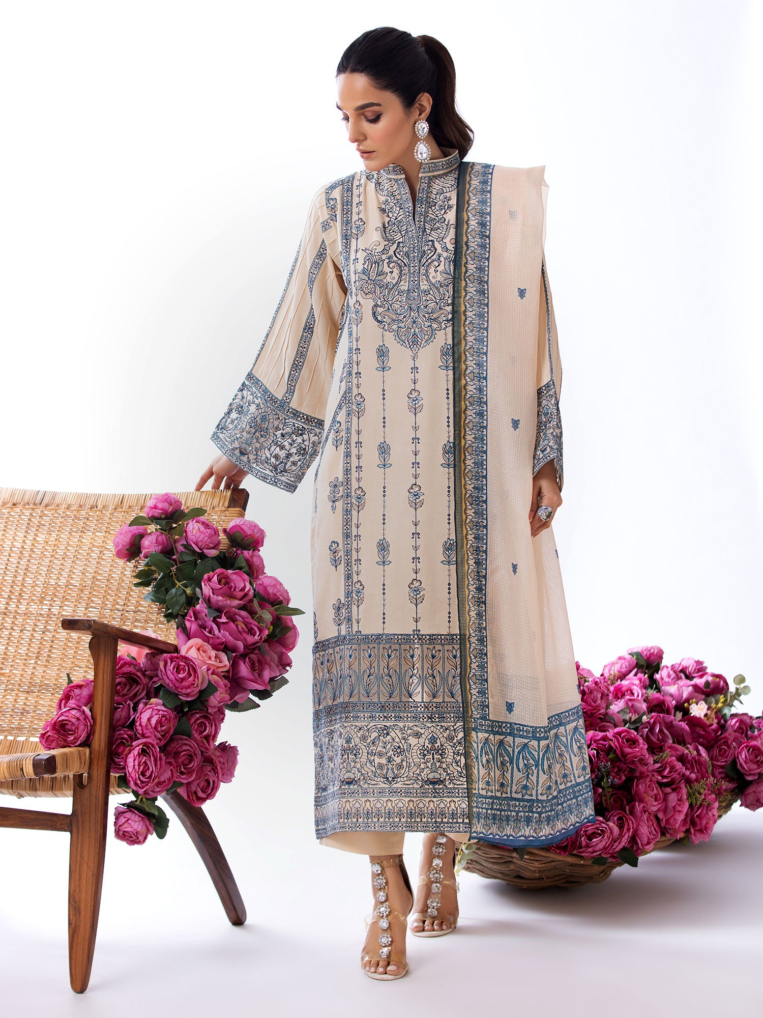 Heera's Beige Embroidered Cambric Cotton Suit