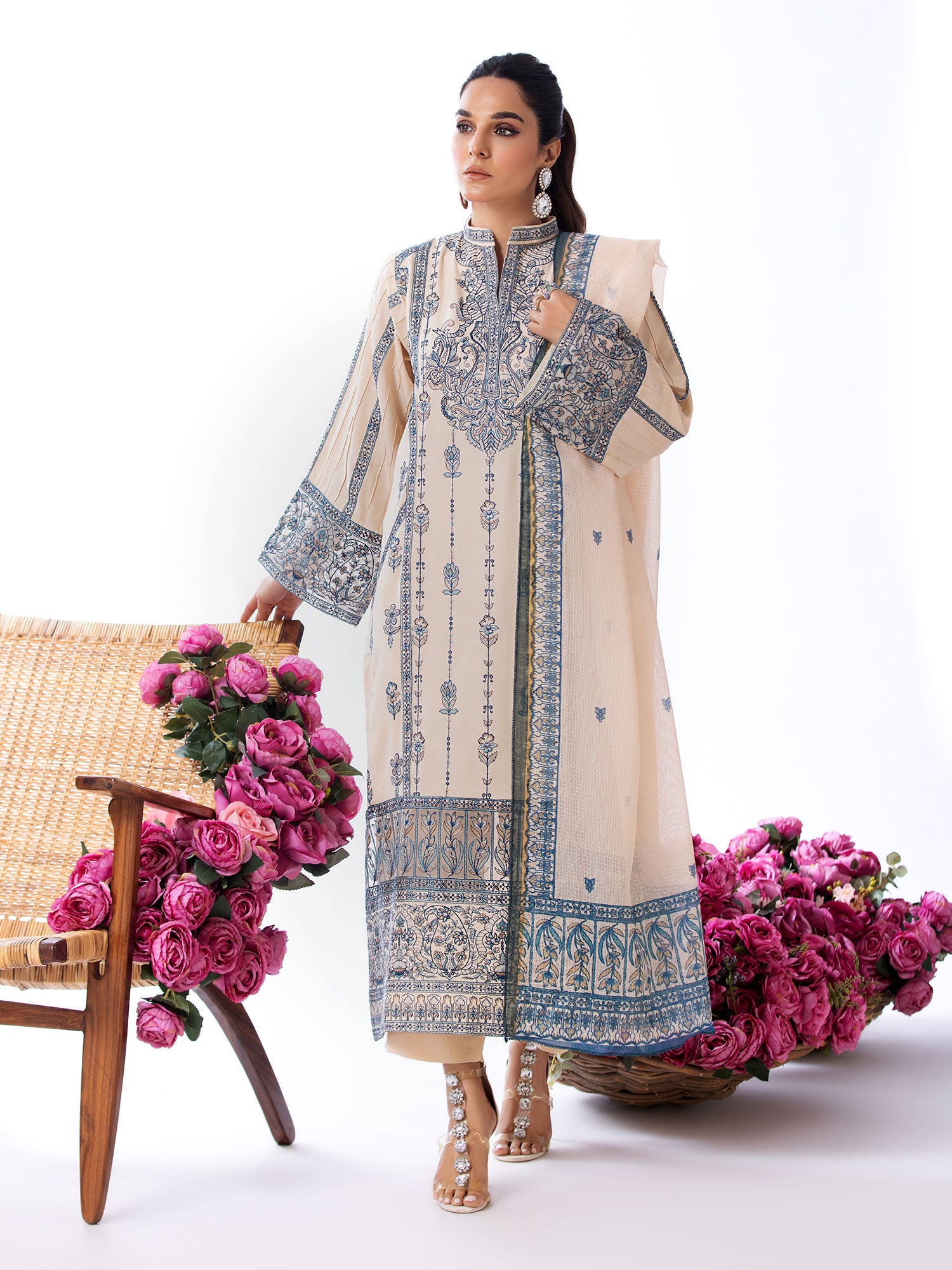 Heera's Beige Embroidered Cambric Cotton Suit