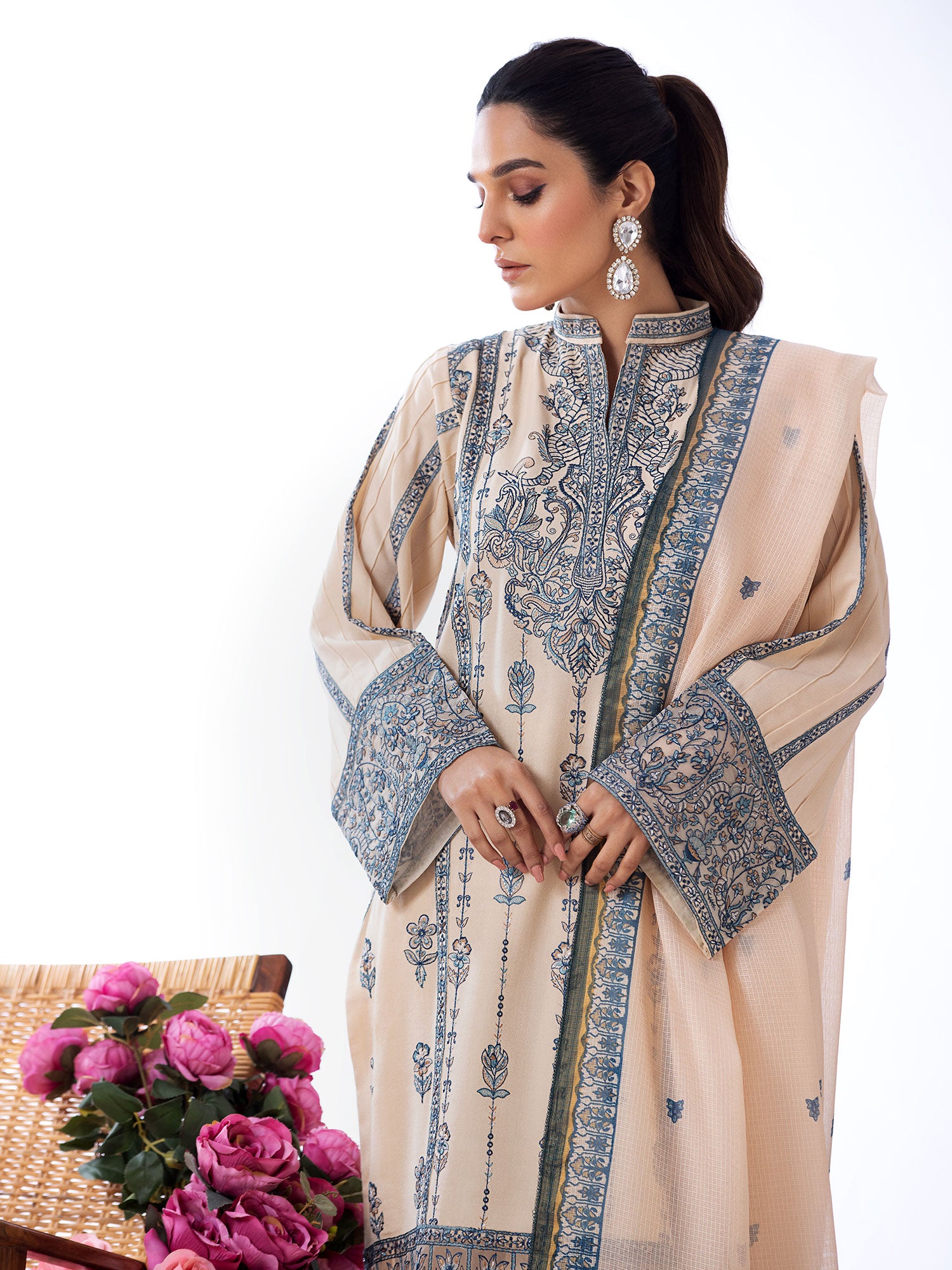 Heera's Beige Embroidered Cambric Cotton Suit