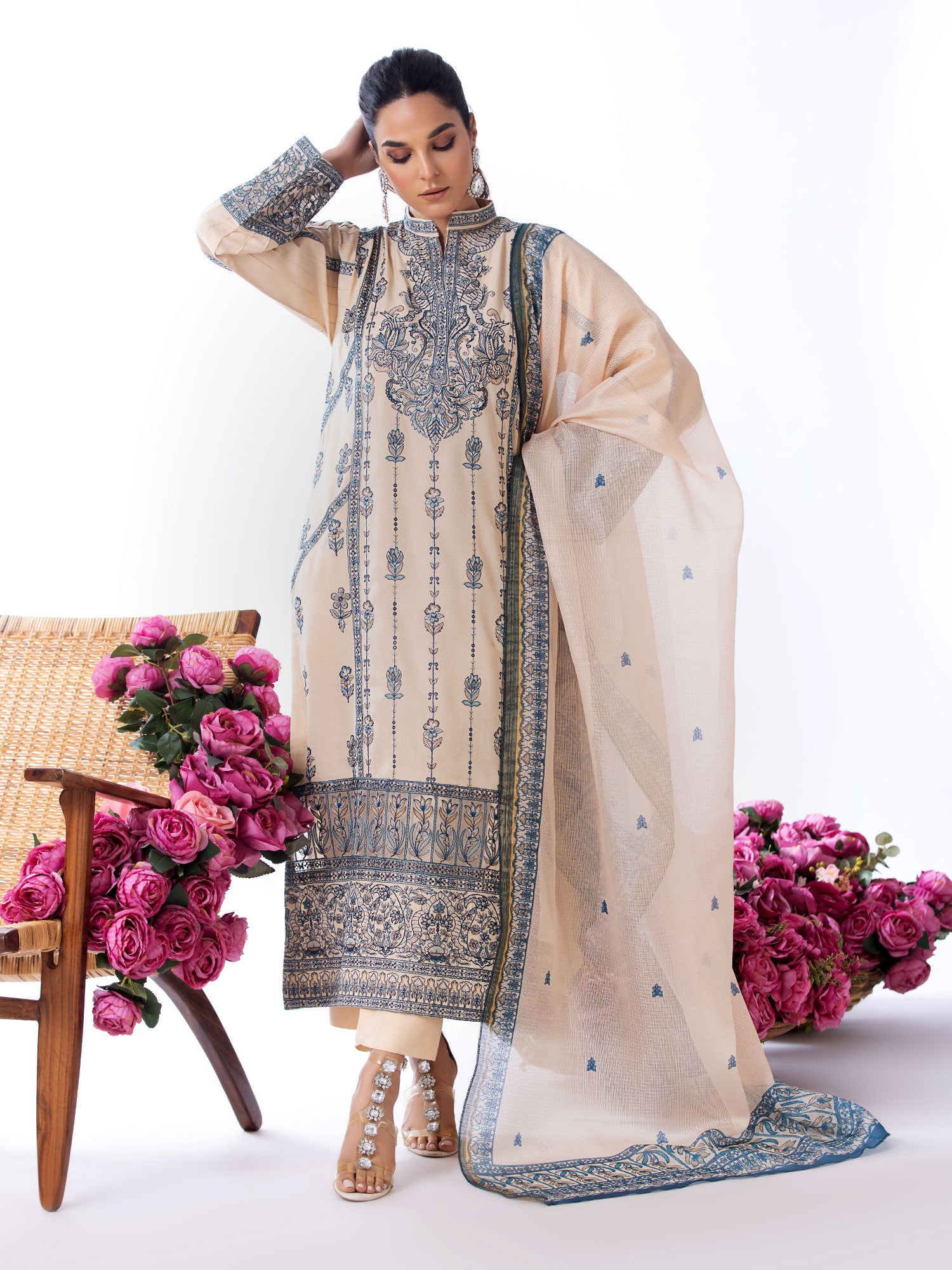 Heera's Beige Embroidered Cambric Cotton Suit