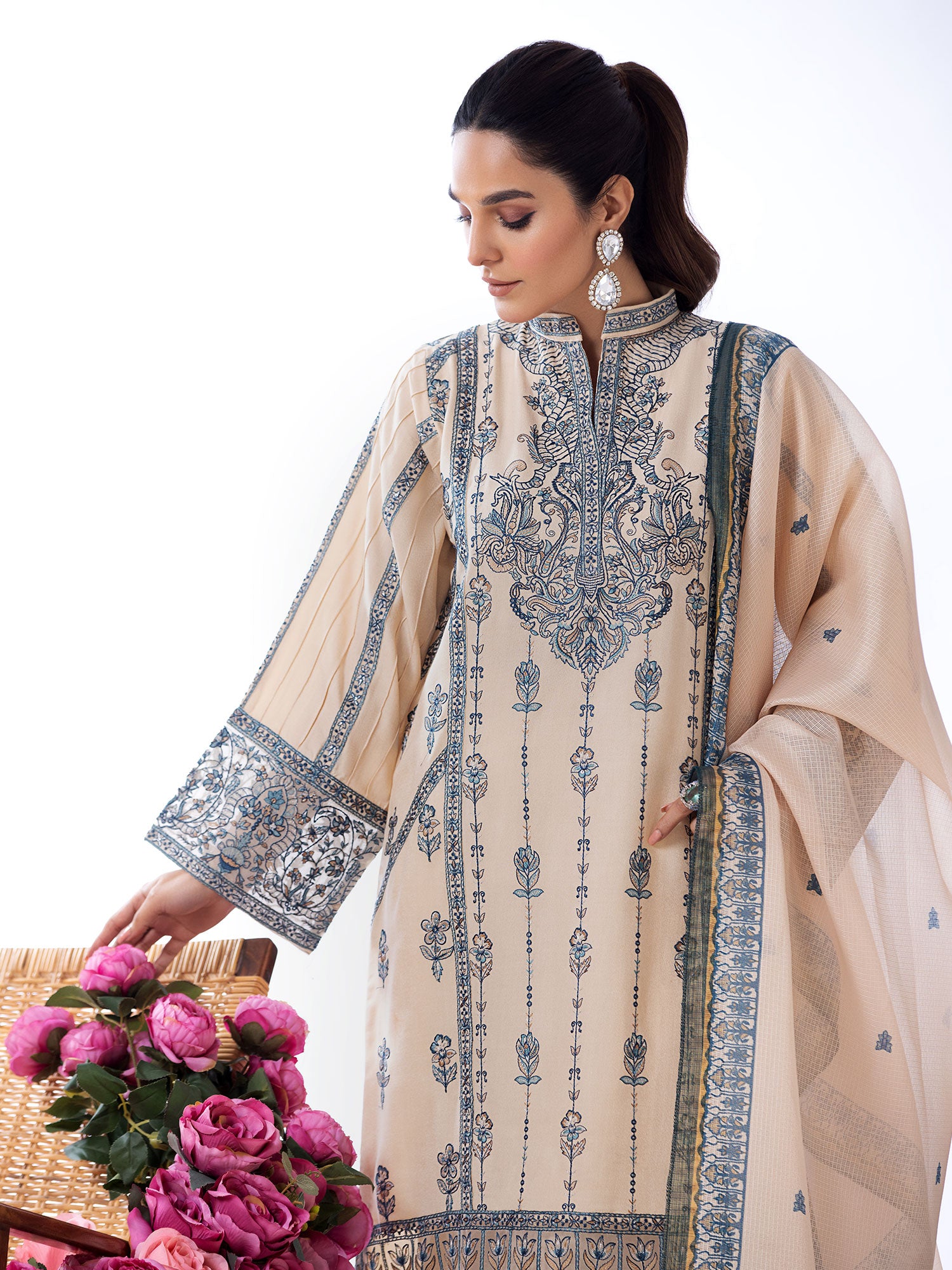 Heera's Beige Embroidered Cambric Cotton Suit