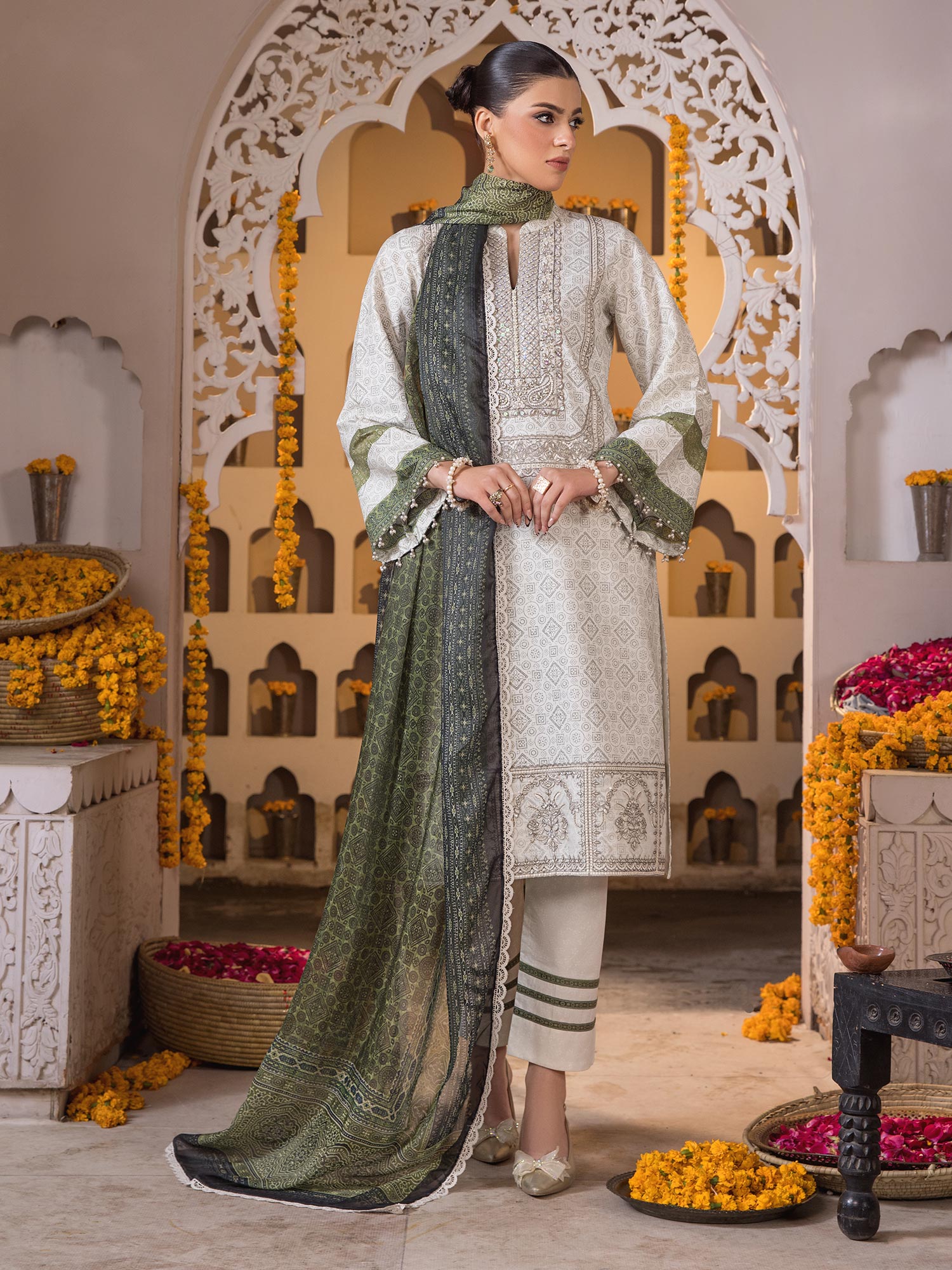 Heera's Off-White & Green Luxury Embroidered 3-Piece Suit