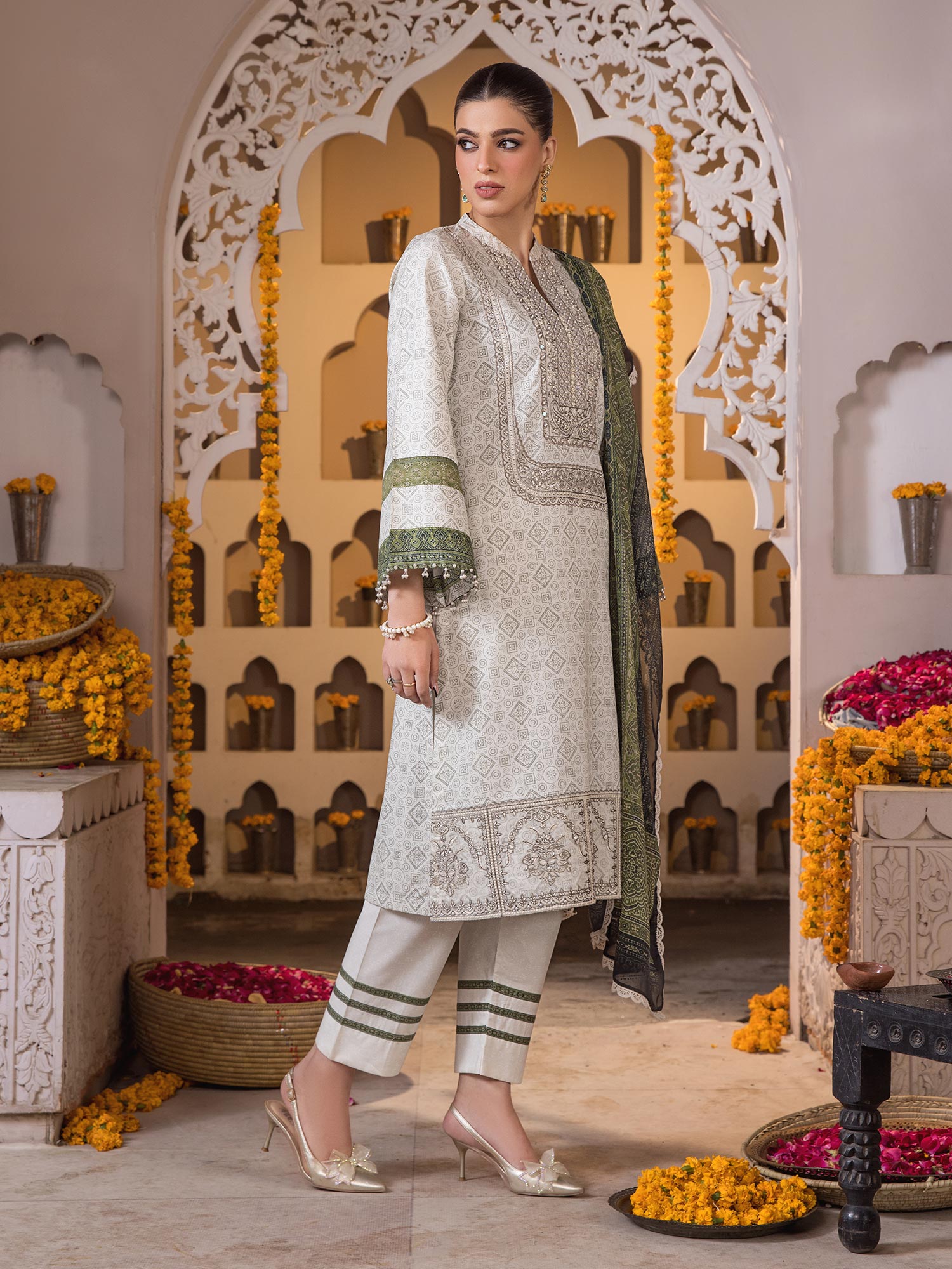 Heera's Off-White & Green Luxury Embroidered 3-Piece Suit