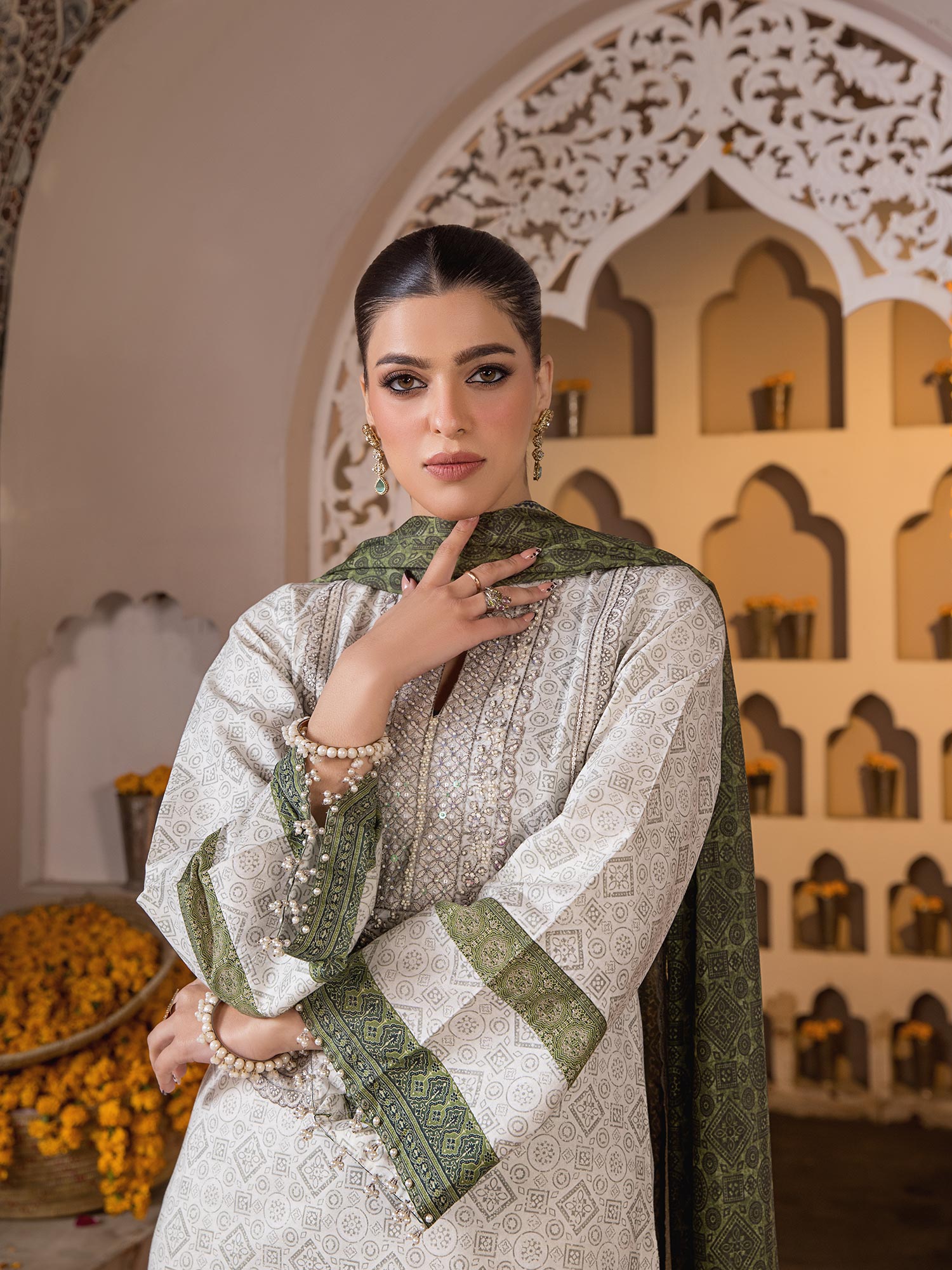 Heera's Off-White & Green Luxury Embroidered 3-Piece Suit