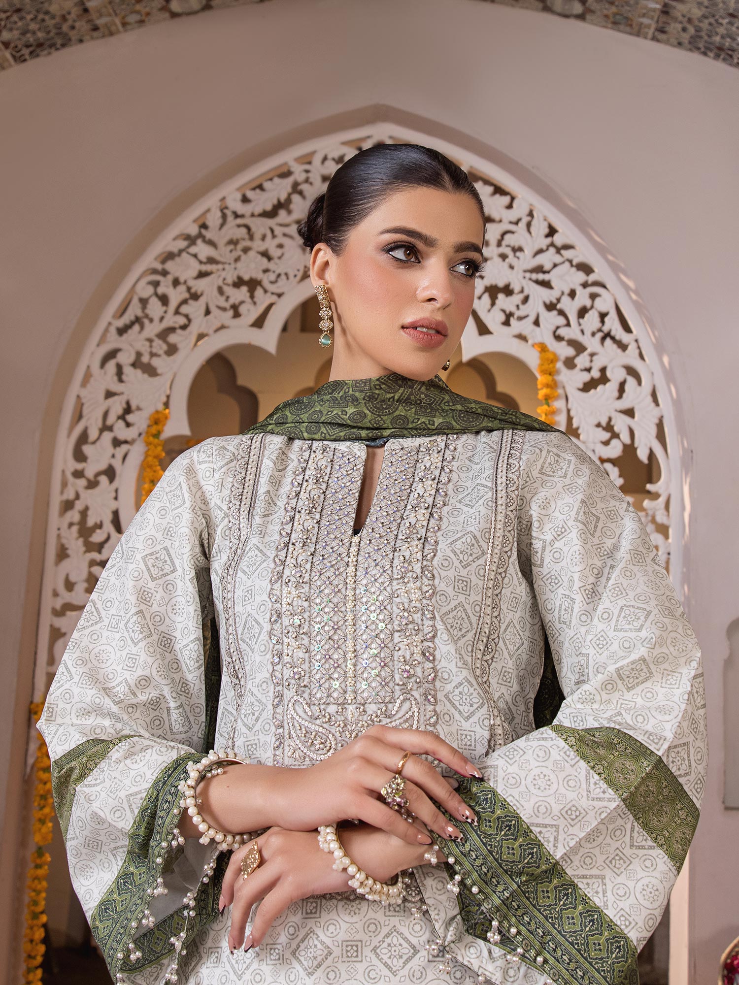 Heera's Off-White & Green Luxury Embroidered 3-Piece Suit