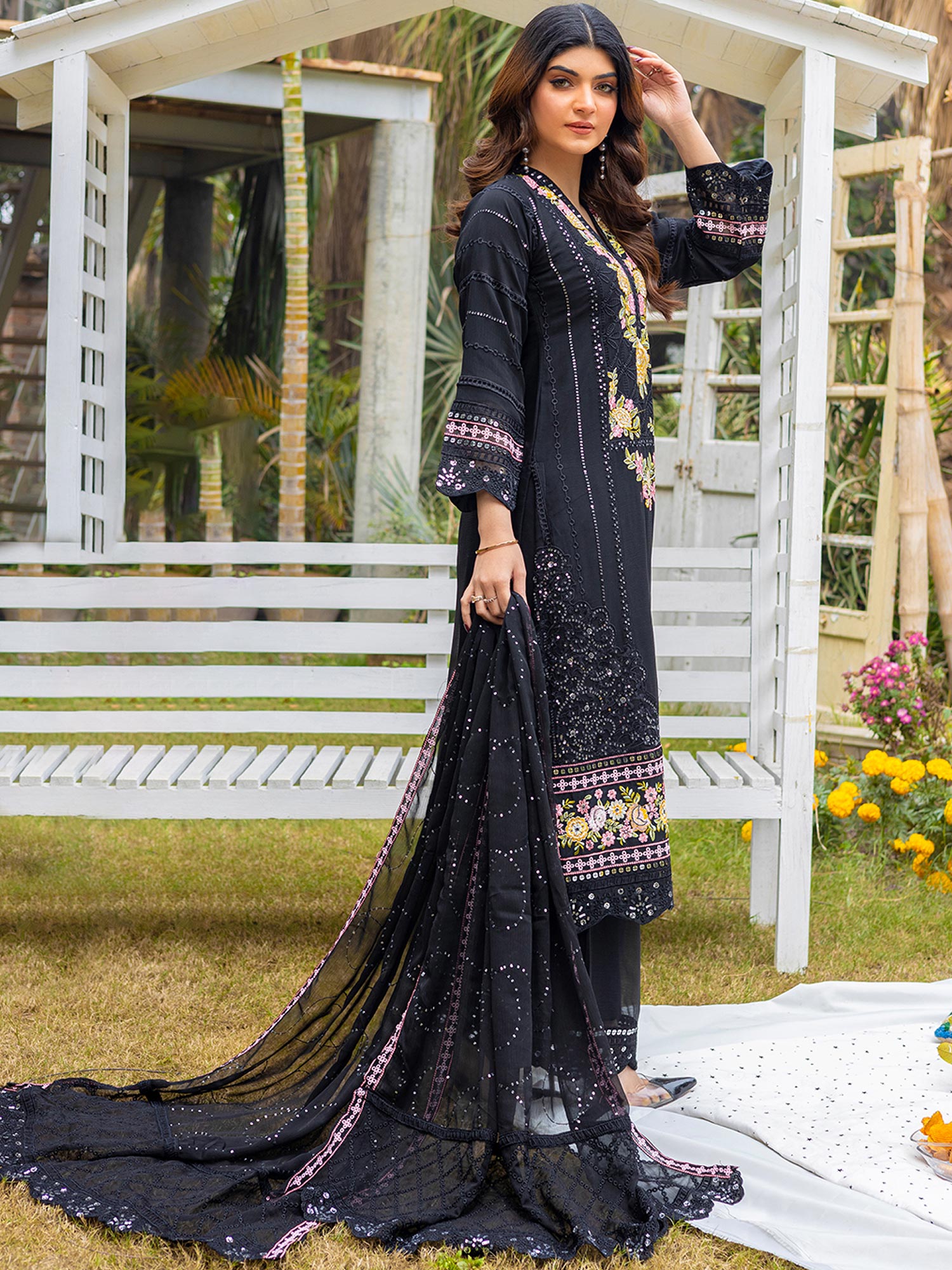 Luxury Embroidered Chiffon Suit (Vol.02) - Black