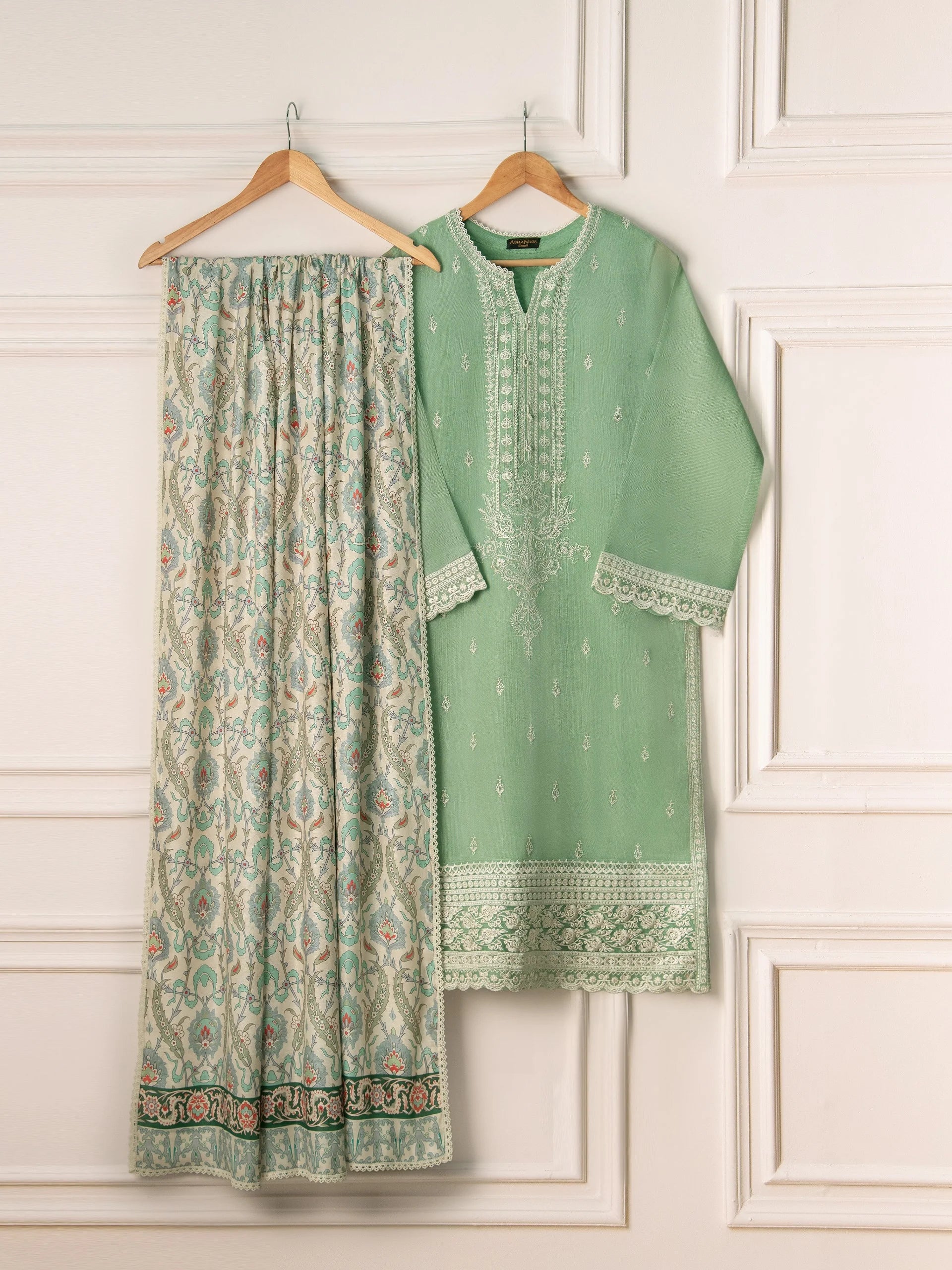 Agha Noor Pista Green Embroidered Cotton Net 3-Piece Suit