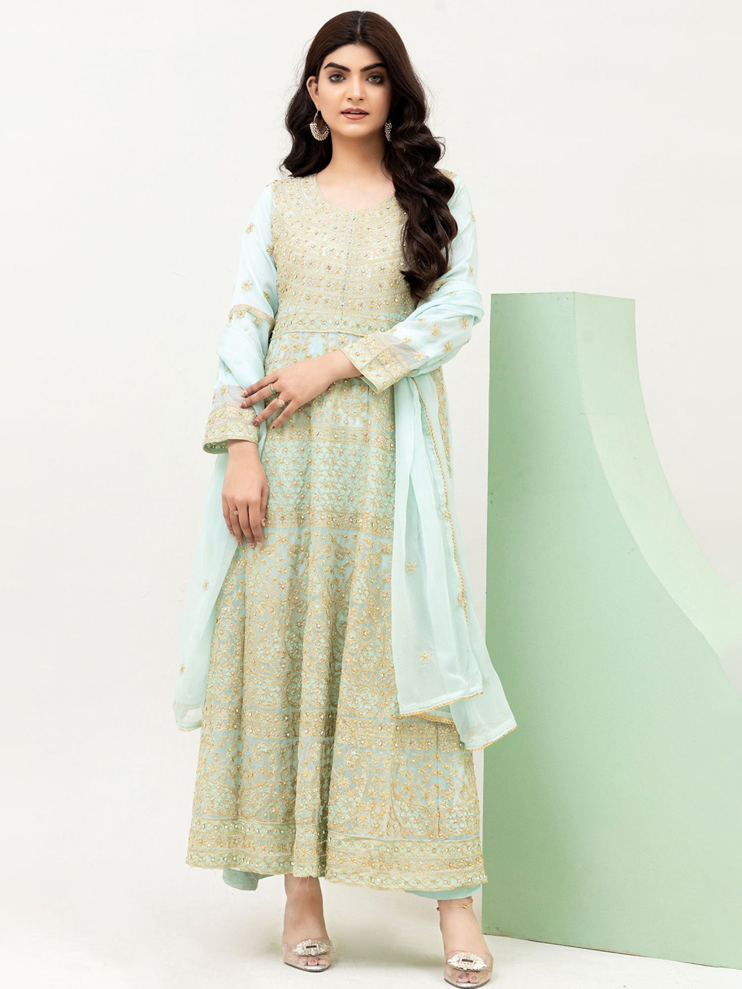 Rangz Aqua Luxury Chiffon Embroidered 3-Piece Maxi Suit