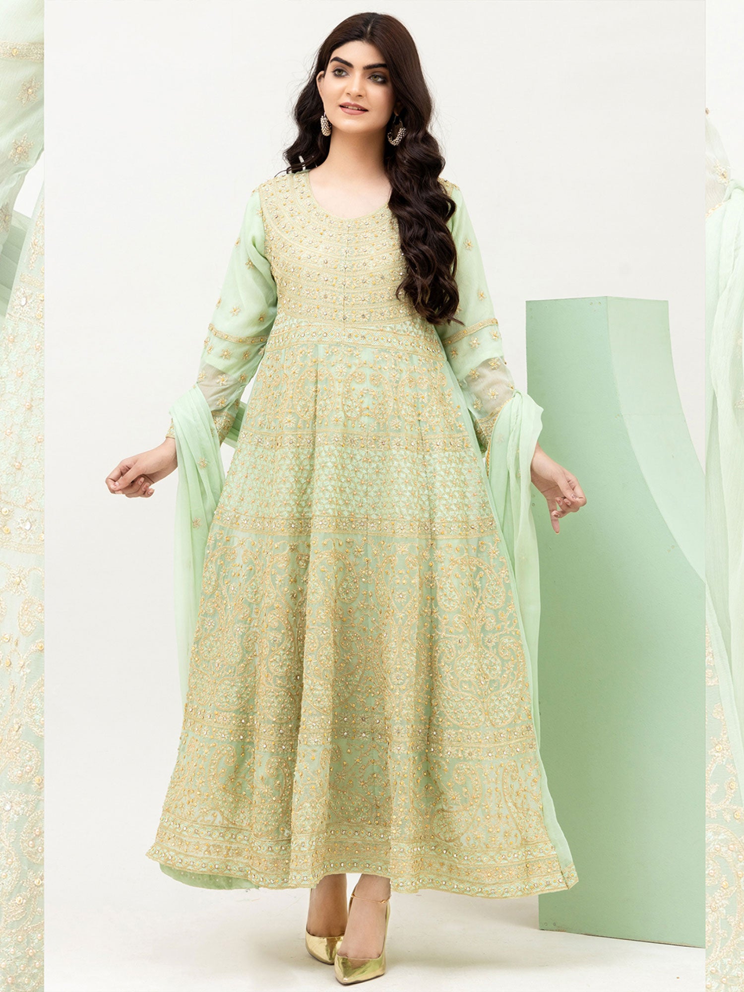 Rangz Green Luxury Chiffon Embroidered 3-Piece Maxi Suit