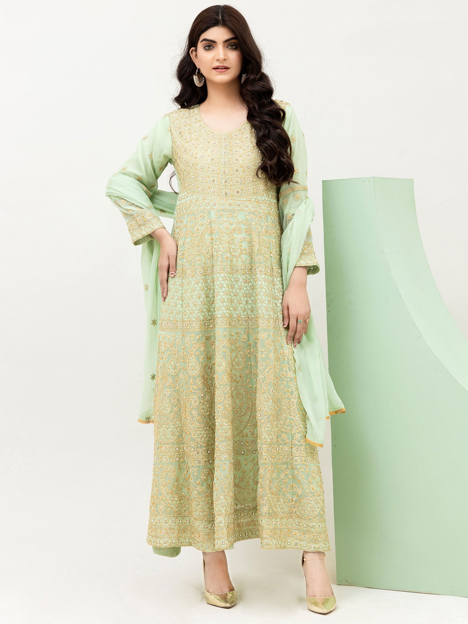 Rangz Green Luxury Chiffon Embroidered 3-Piece Maxi Suit