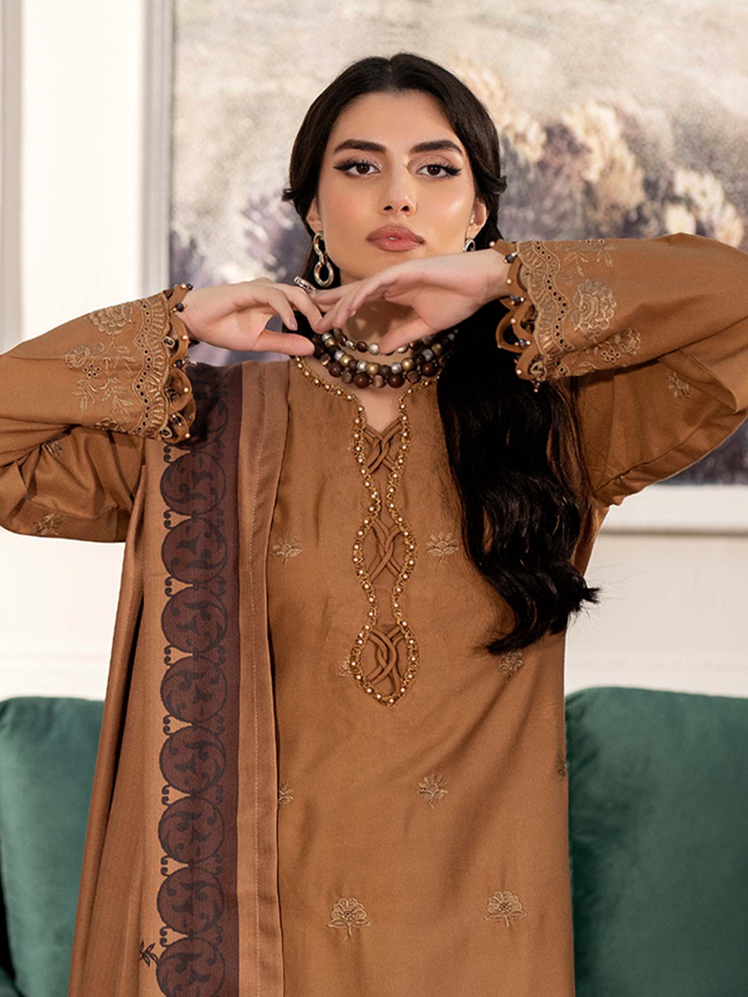 Ally's Dhanak Chikankari Camel Brown 3-Piece Suit (AL-DNK43)