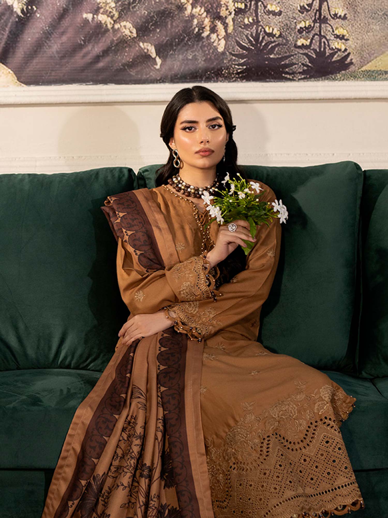 Ally's Dhanak Chikankari Camel Brown 3-Piece Suit (AL-DNK43)