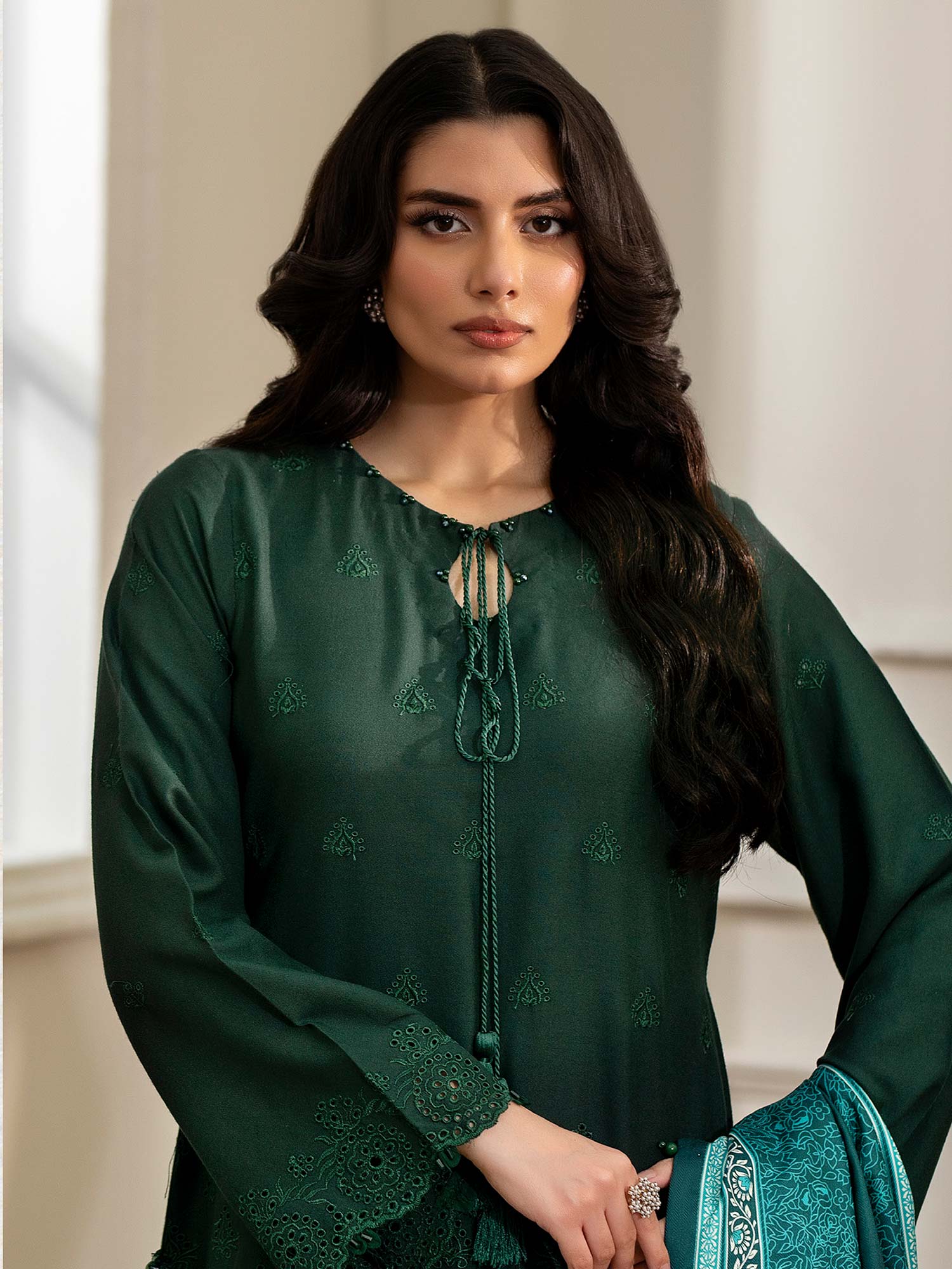 Ally's Dhanak Chikankari Bottle Green 3-Piece Suit (AL-DNK41)