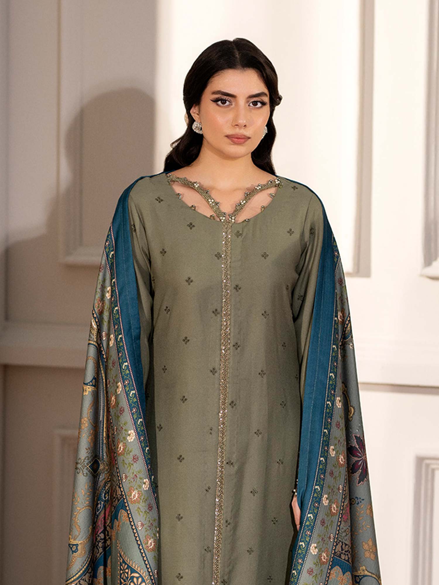 Ally's Dhanak Chikankari Olive 3-Piece Suit (AL-DNK38)