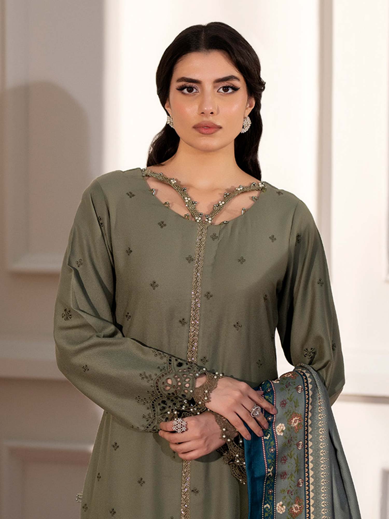 Ally's Dhanak Chikankari Olive 3-Piece Suit (AL-DNK38)