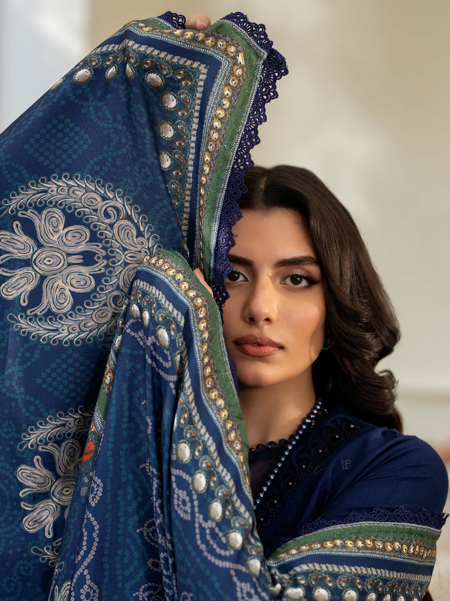 Ally's Dhanak Chikankari Navy Blue 3-Piece Suit (AL-DNK42)