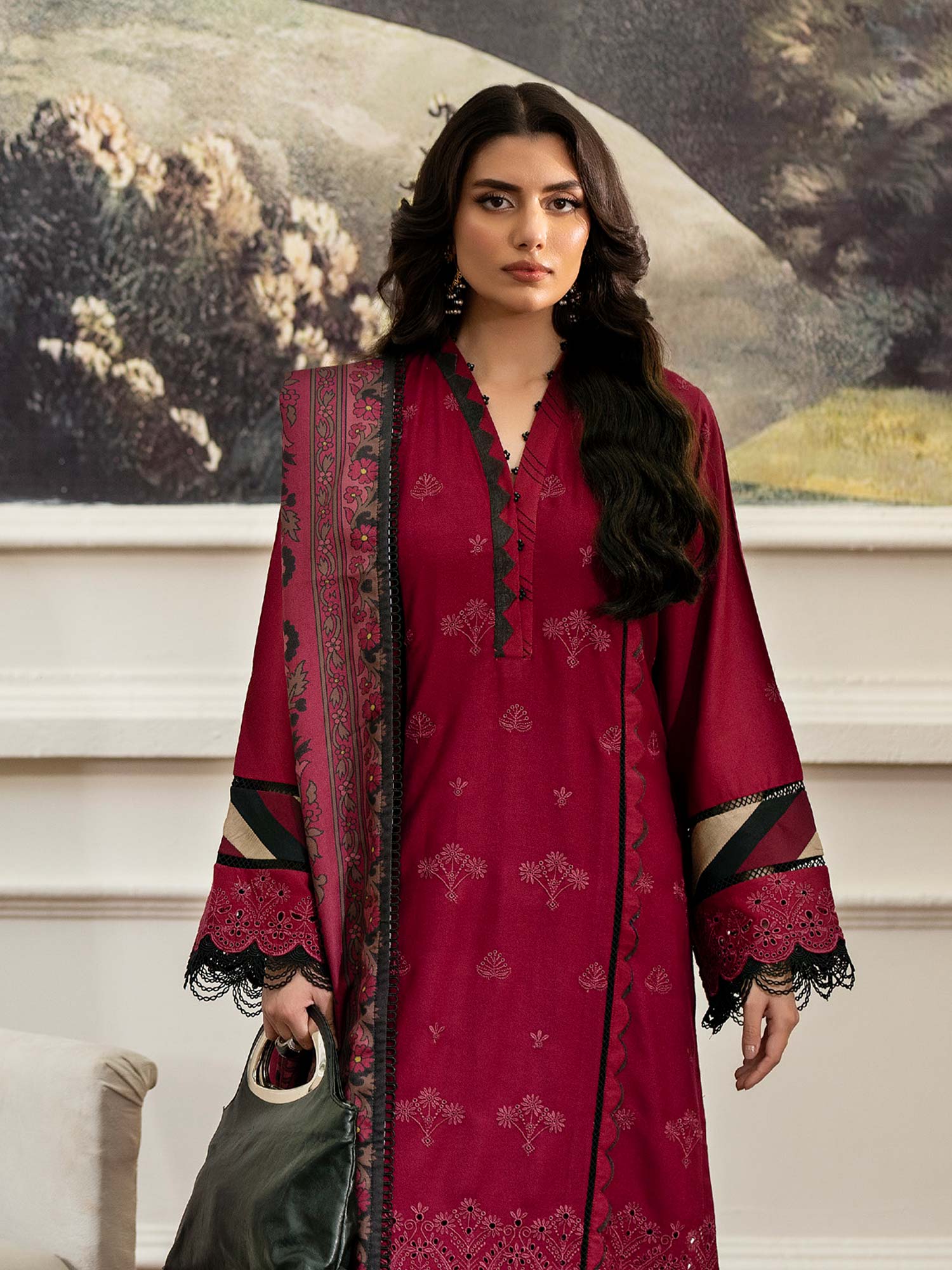 Ally's Dhanak Chikankari Maroon 3-Piece Suit (AL-DNK40)