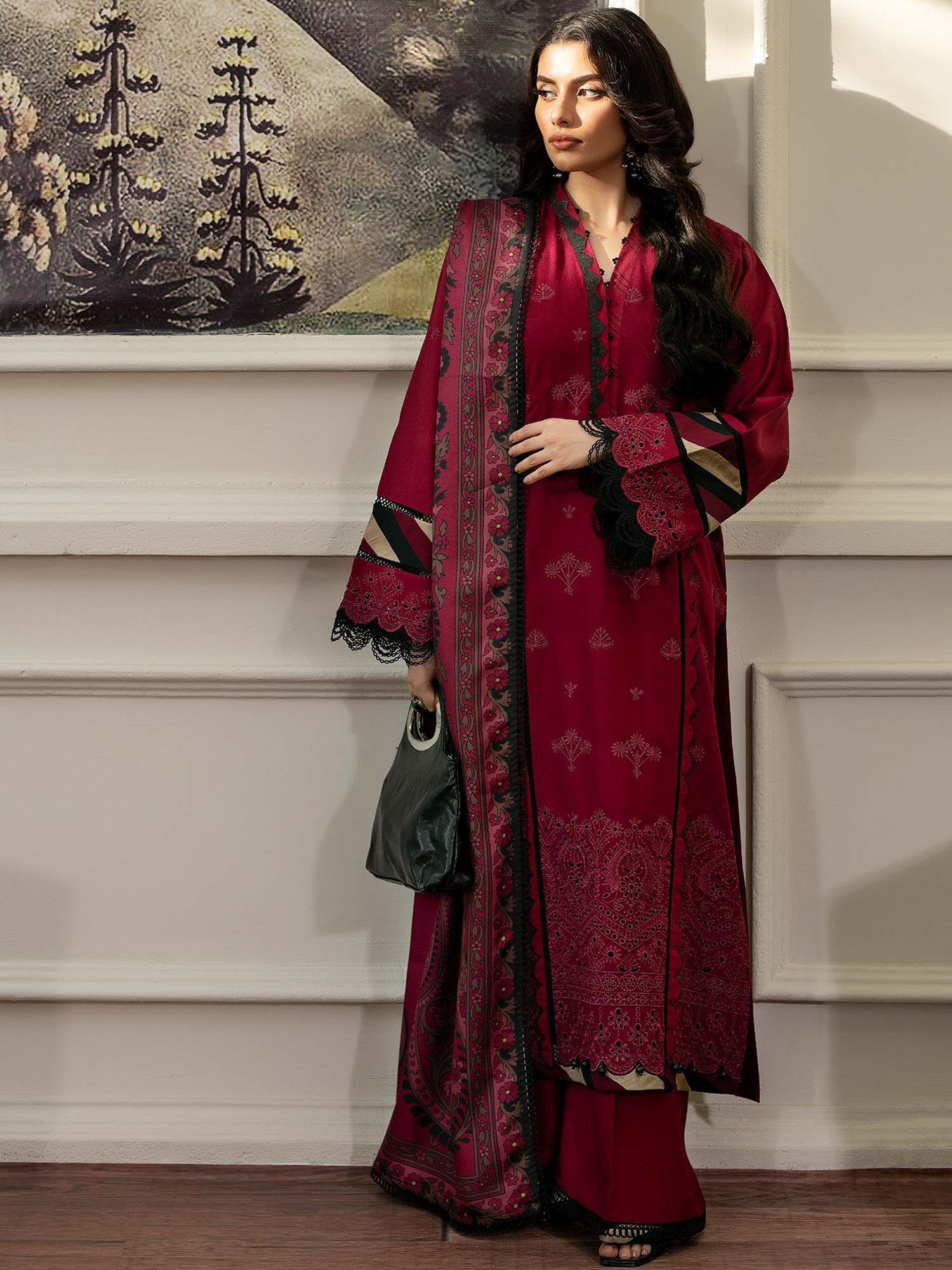 Ally's Dhanak Chikankari Maroon 3-Piece Suit (AL-DNK40)