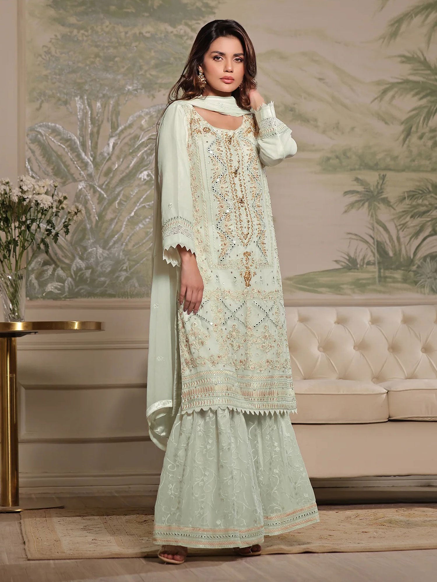 Wardah Uzair "Mirha" Luxury Embroidered Chiffon Suit - Crimson Elegance