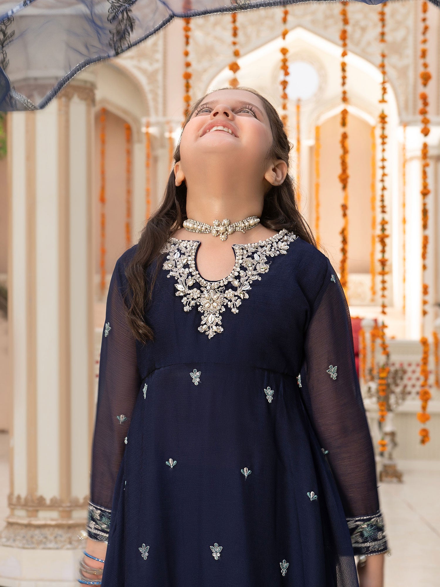 Ally's Kids Navy Embroidered Chiffon Frock Suit (AL-3657)