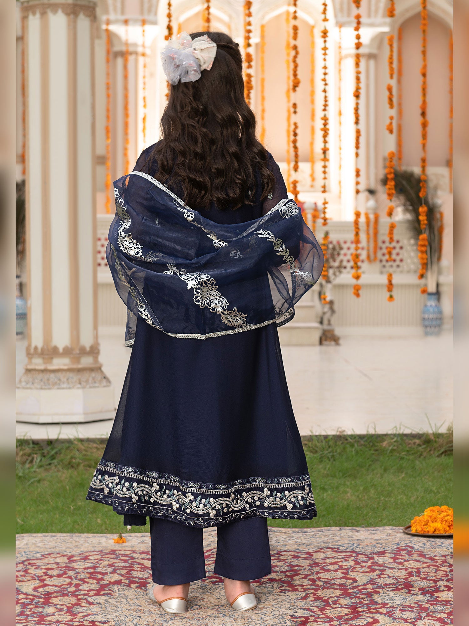 Ally's Kids Navy Embroidered Chiffon Frock Suit (AL-3657)