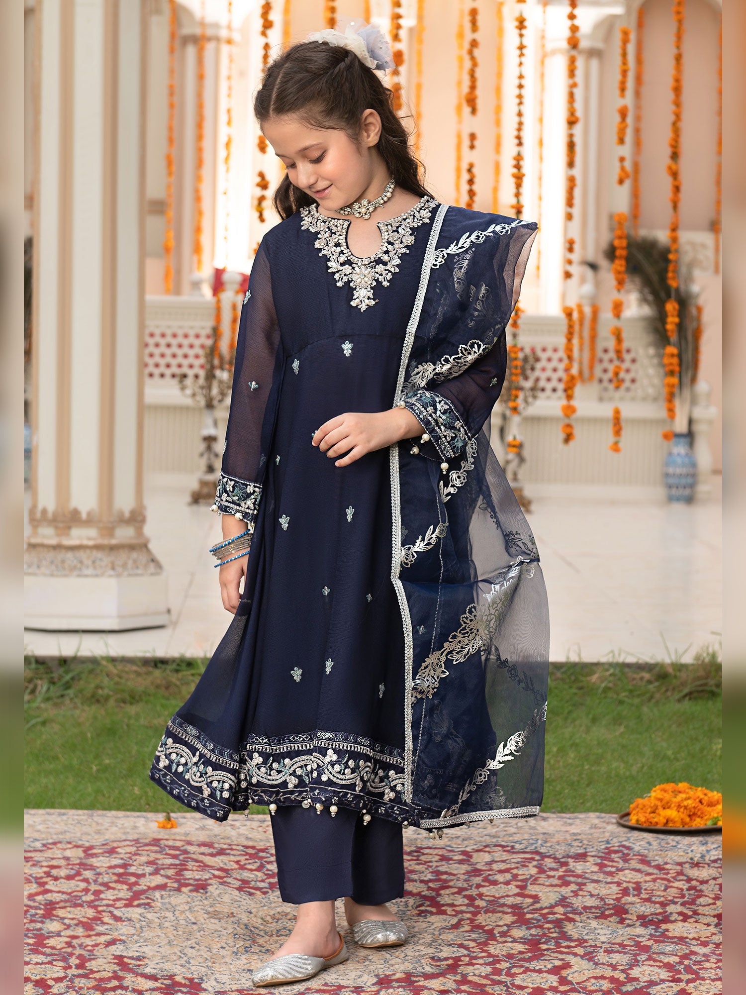 Ally's Kids Navy Embroidered Chiffon Frock Suit (AL-3657)