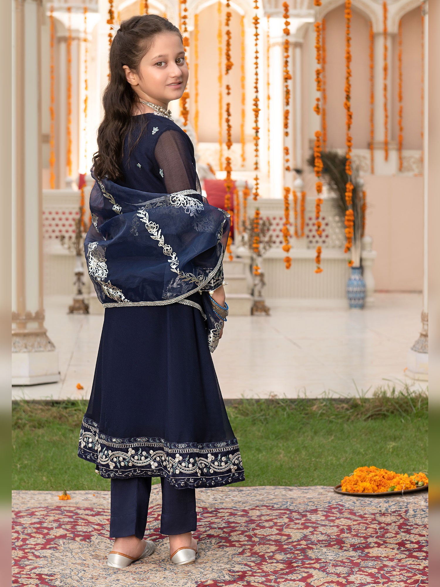 Ally's Kids Navy Embroidered Chiffon Frock Suit (AL-3657)