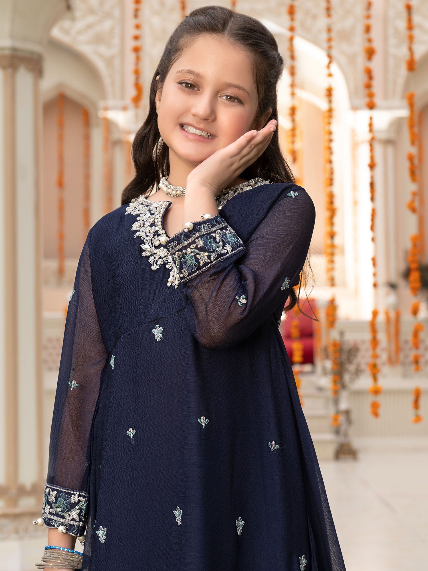 Ally's Kids Navy Embroidered Chiffon Frock Suit (AL-3657)