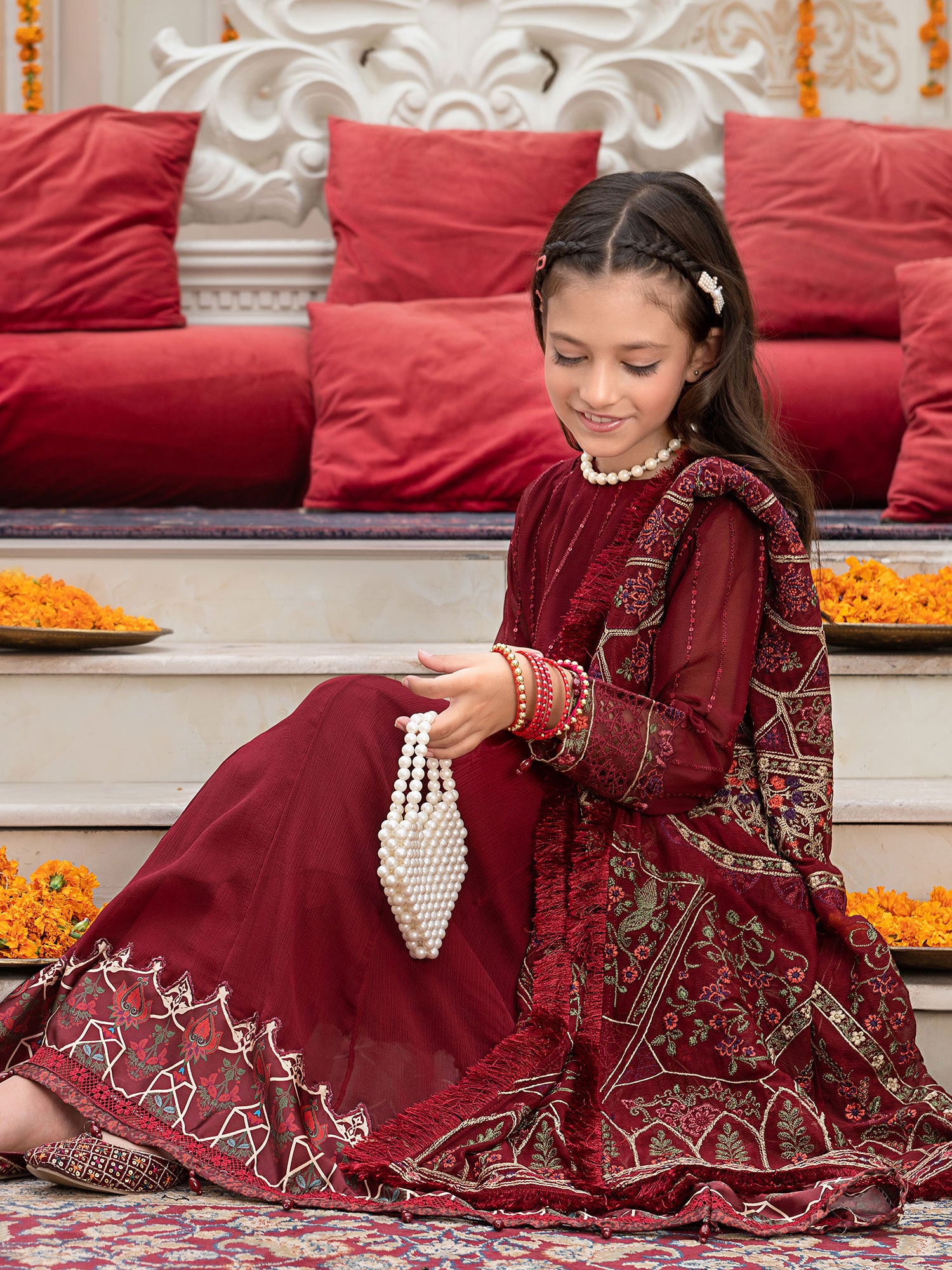 Ally's Kids Maroon Embroidered Chiffon Suit (AL-3885)