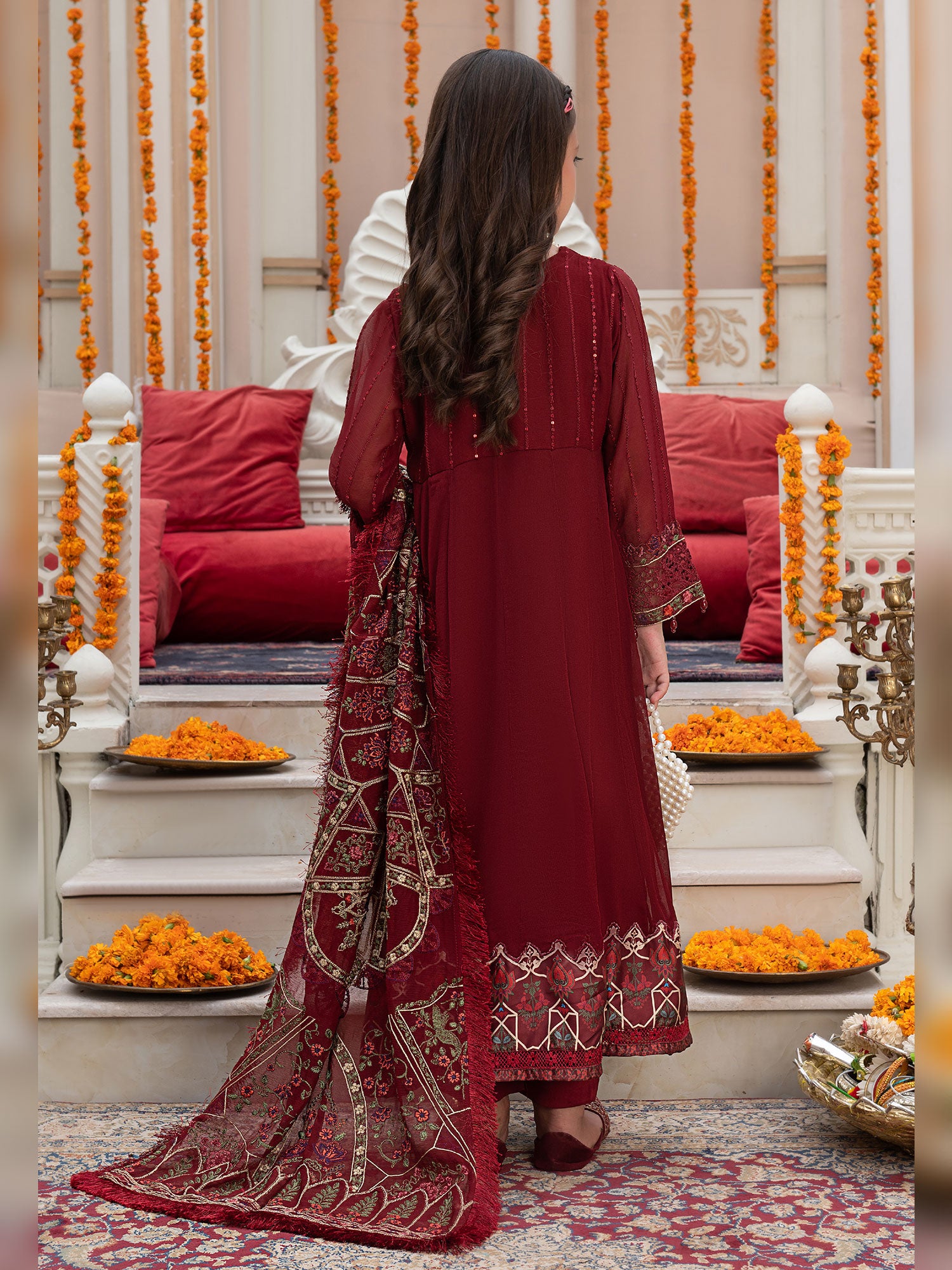 Ally's Kids Maroon Embroidered Chiffon Suit (AL-3885)