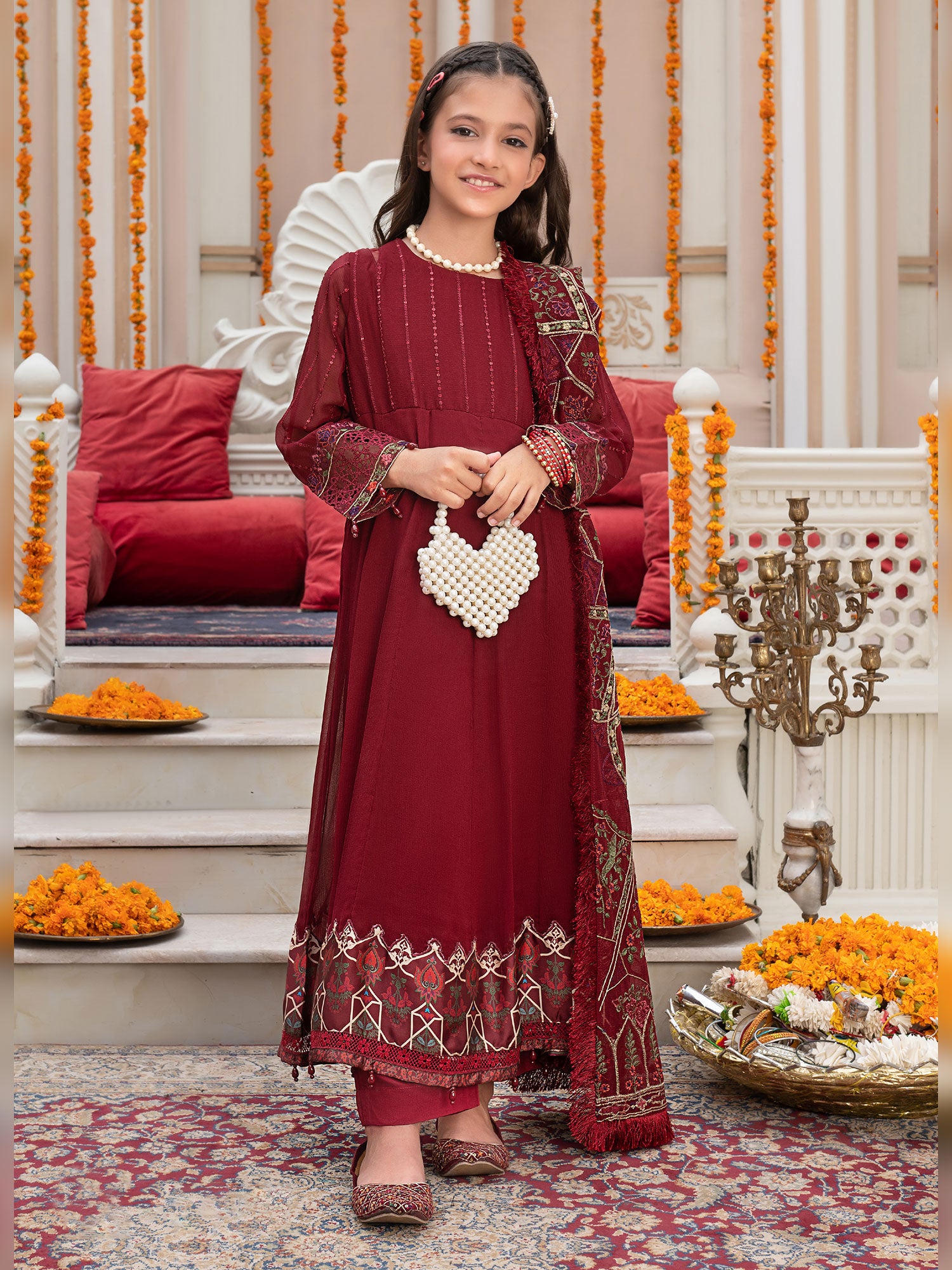 Ally's Kids Maroon Embroidered Chiffon Suit (AL-3885)