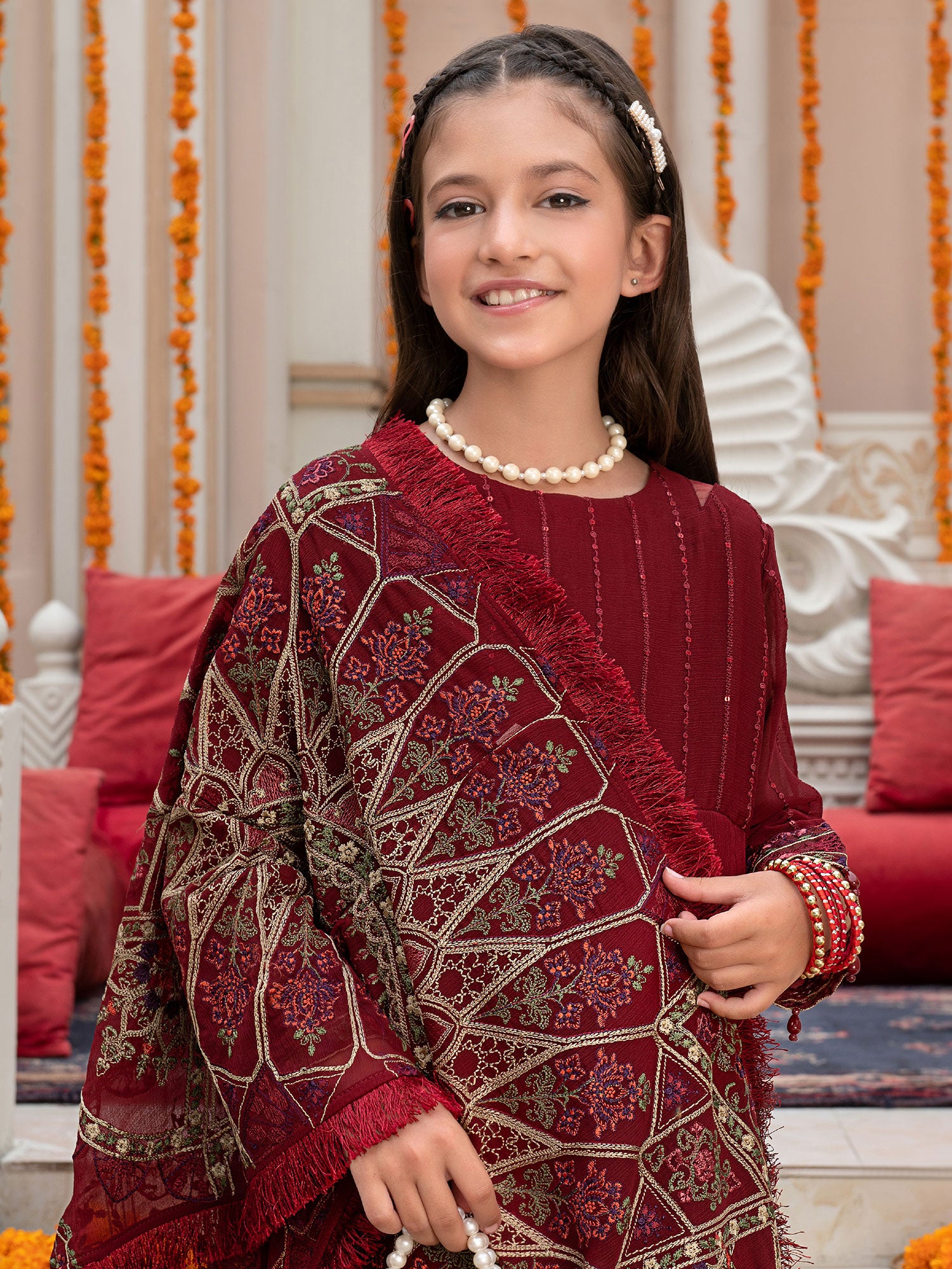 Ally's Kids Maroon Embroidered Chiffon Suit (AL-3885)