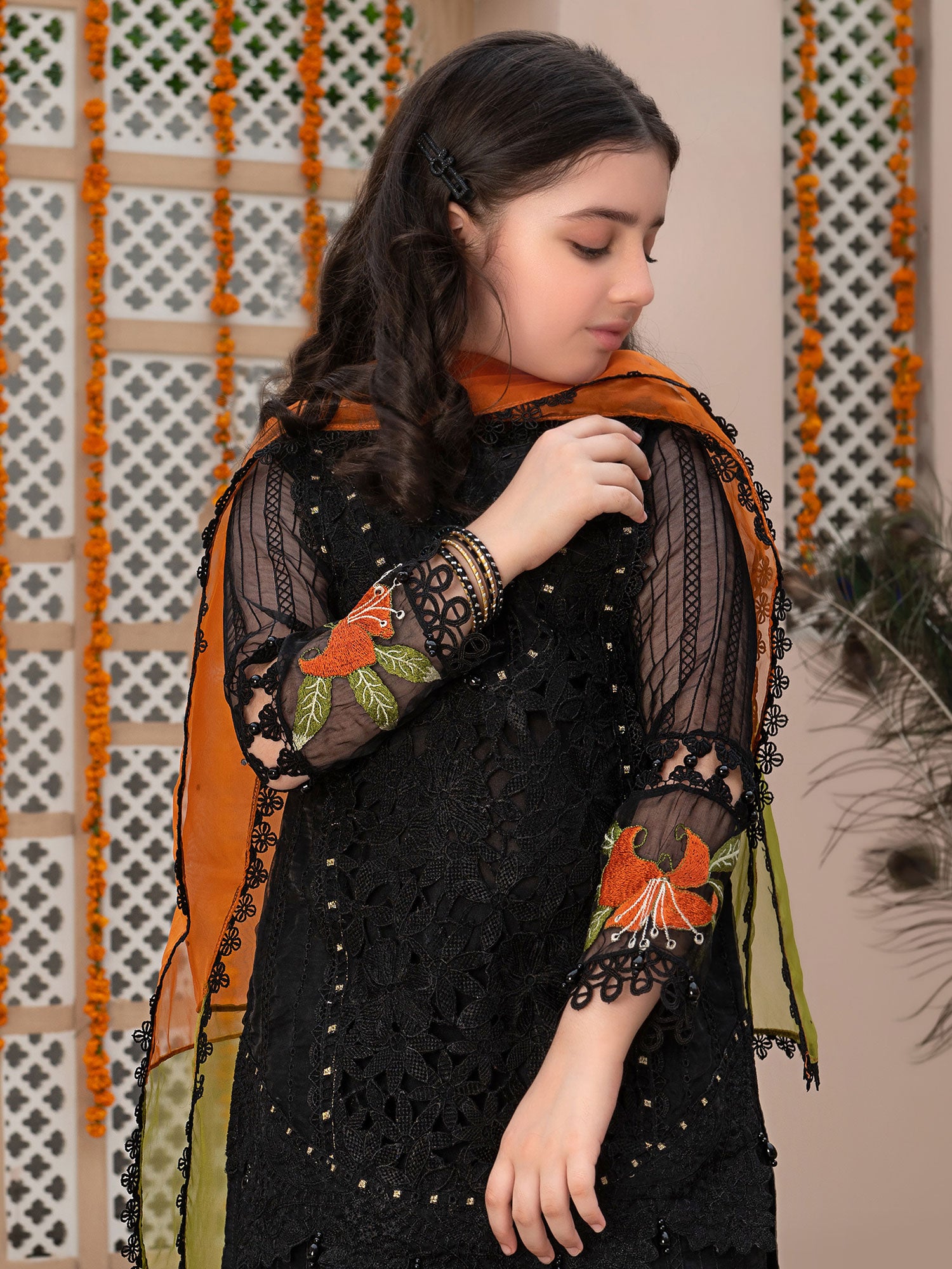 Ally's Kids Black Embroidered Organza Suit (AL-3969)