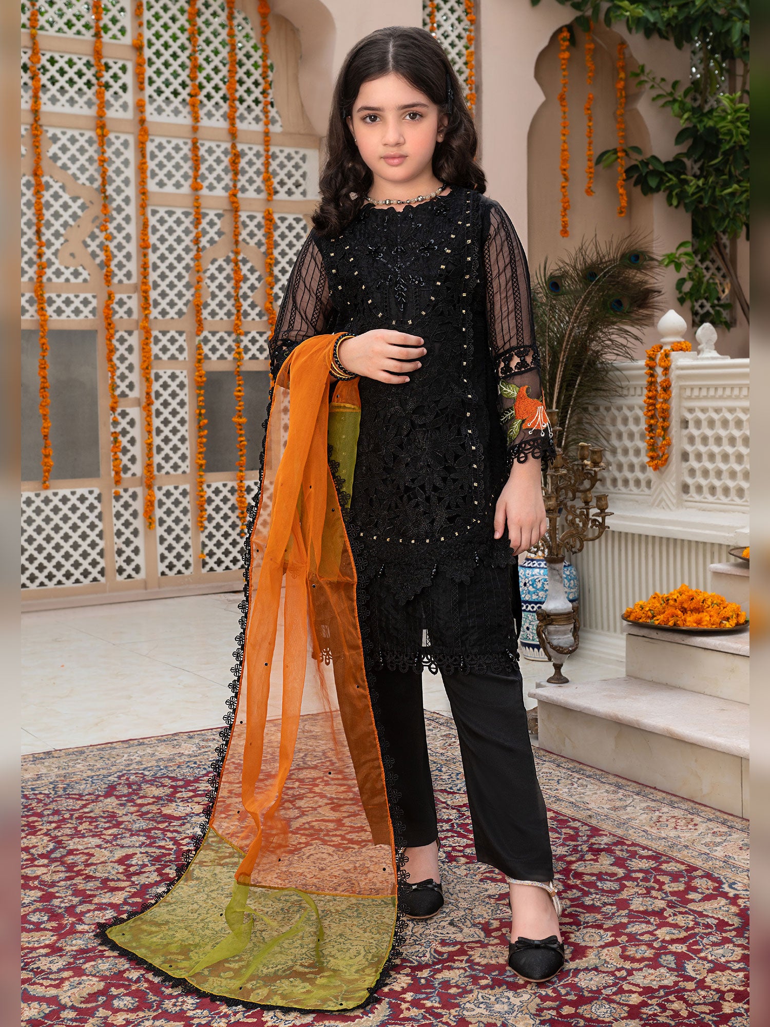 Ally's Kids Black Embroidered Organza Suit (AL-3969)