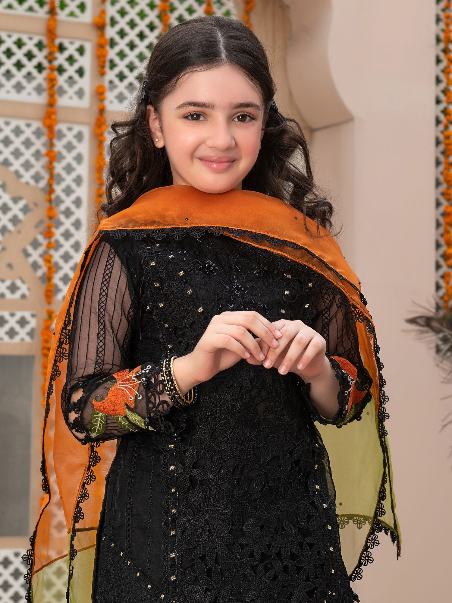 Ally's Kids Black Embroidered Organza Suit (AL-3969)