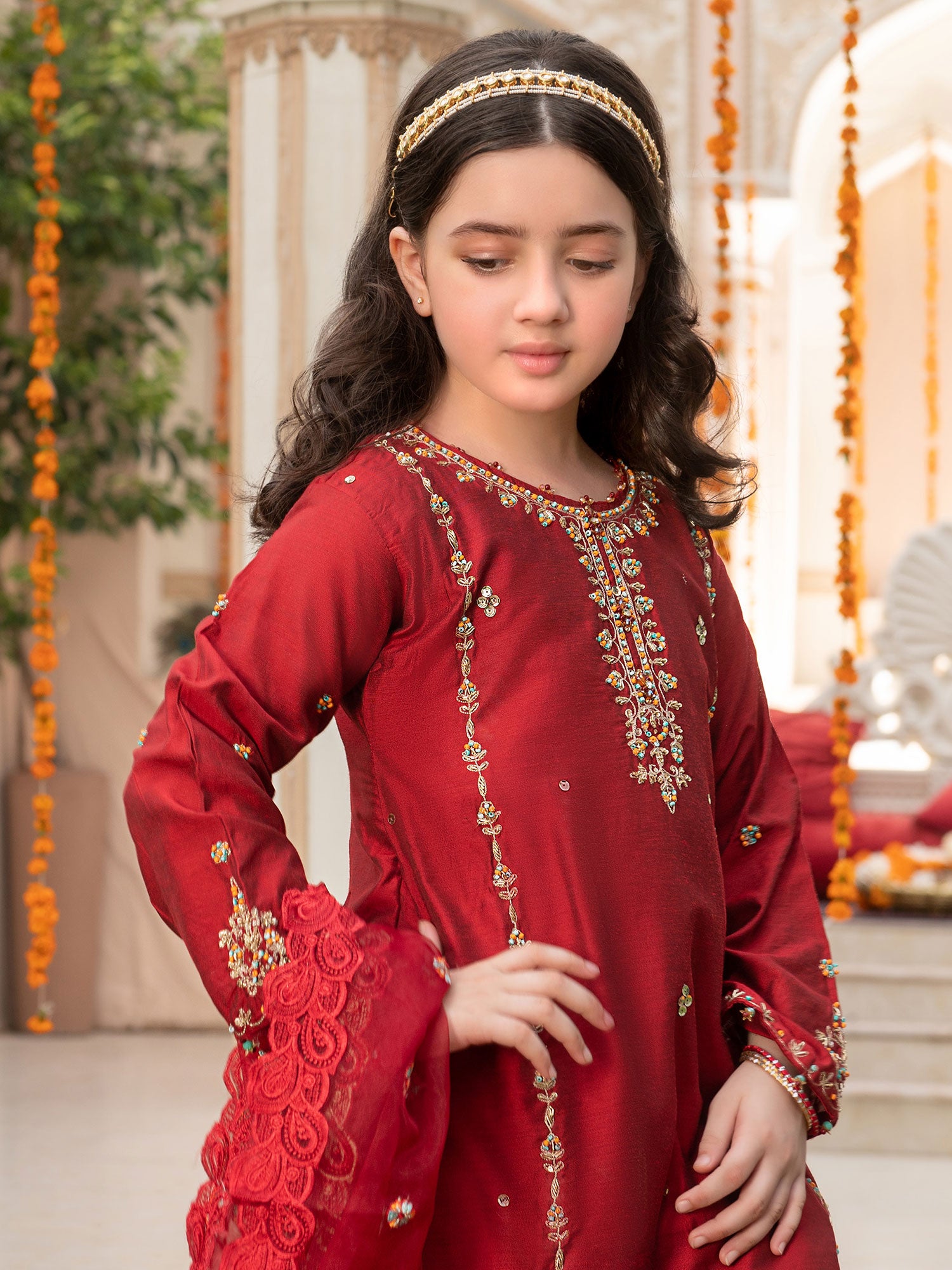 Ally's Kids Red Raw Silk Suit with Gharara (AL-3962)