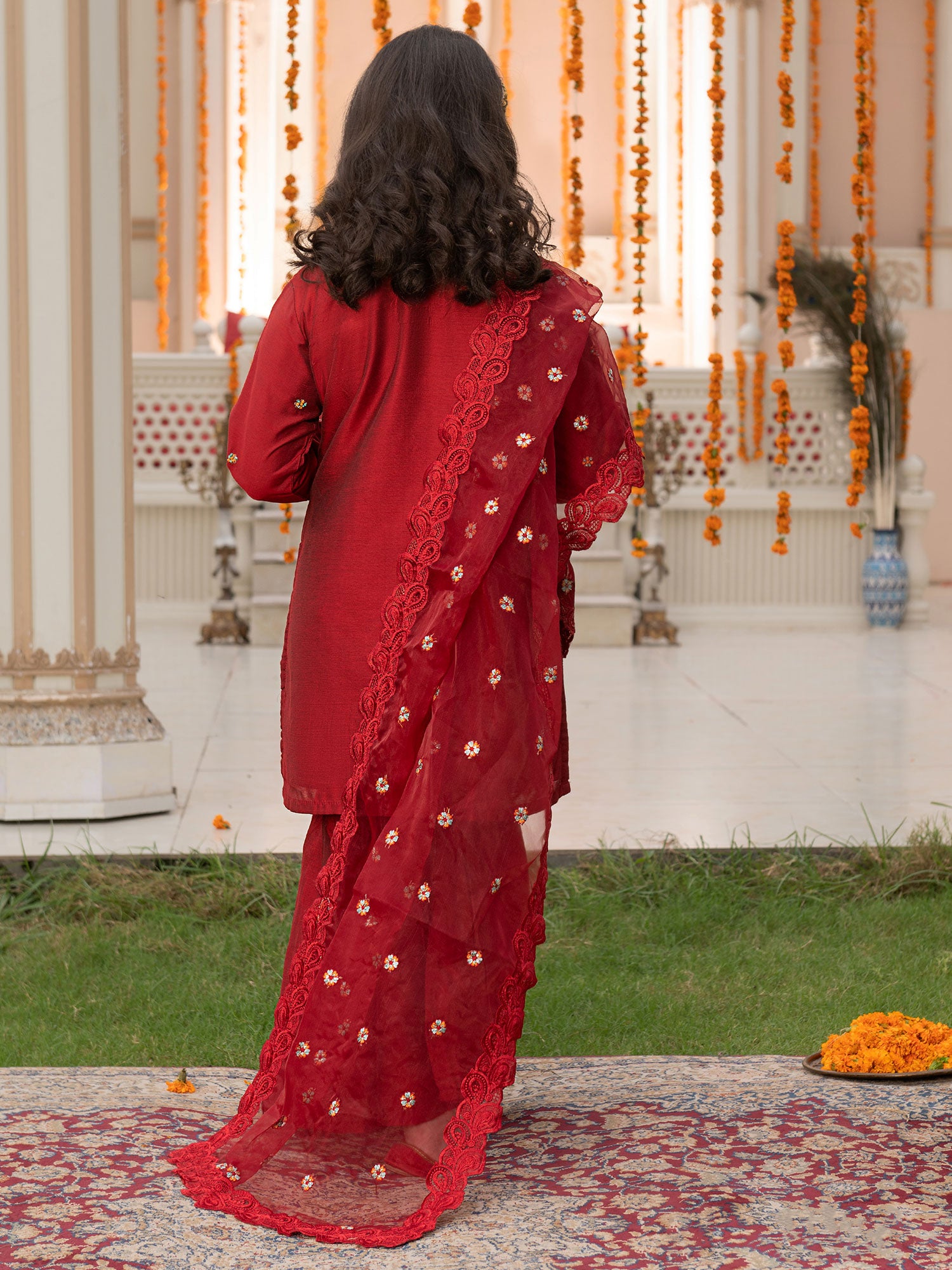 Ally's Kids Red Raw Silk Suit with Gharara (AL-3962)