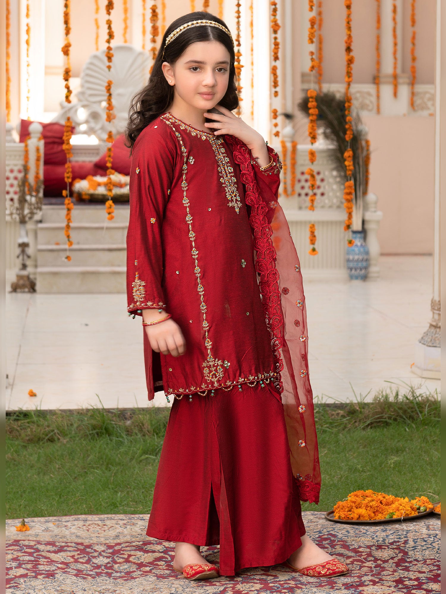 Ally's Kids Red Raw Silk Suit with Gharara (AL-3962)