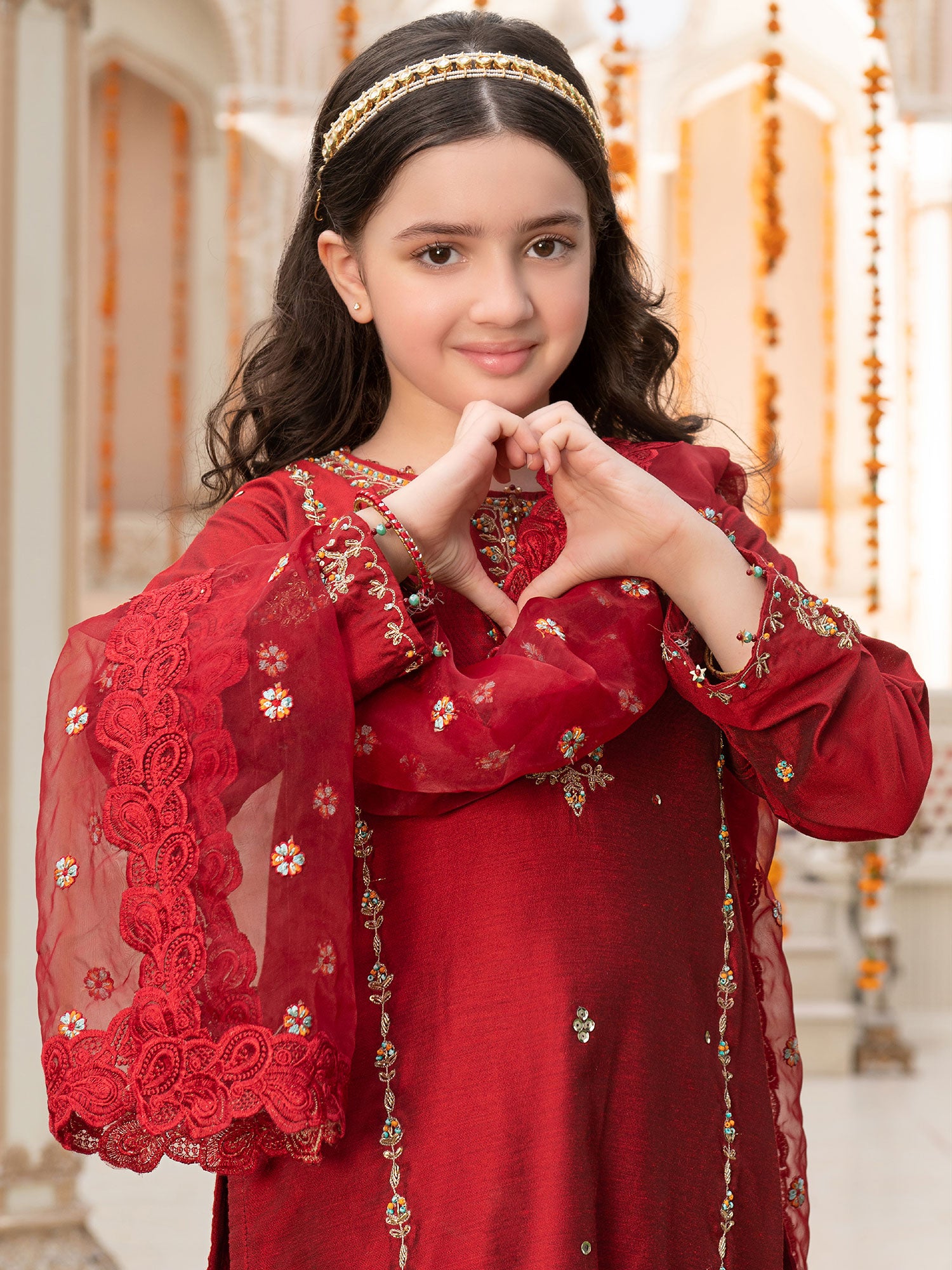 Ally's Kids Red Raw Silk Suit with Gharara (AL-3962)