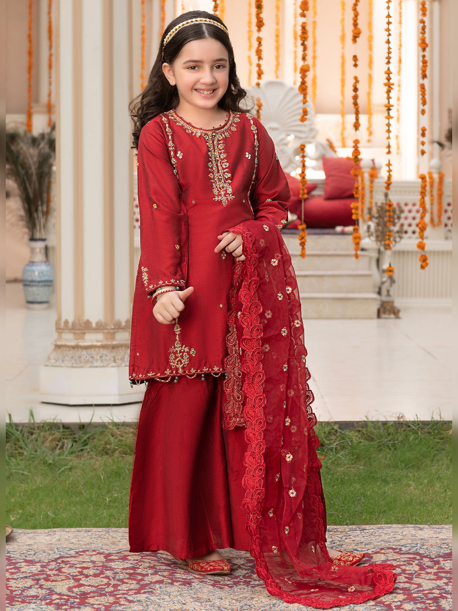 Ally's Kids Red Raw Silk Suit with Gharara (AL-3962)