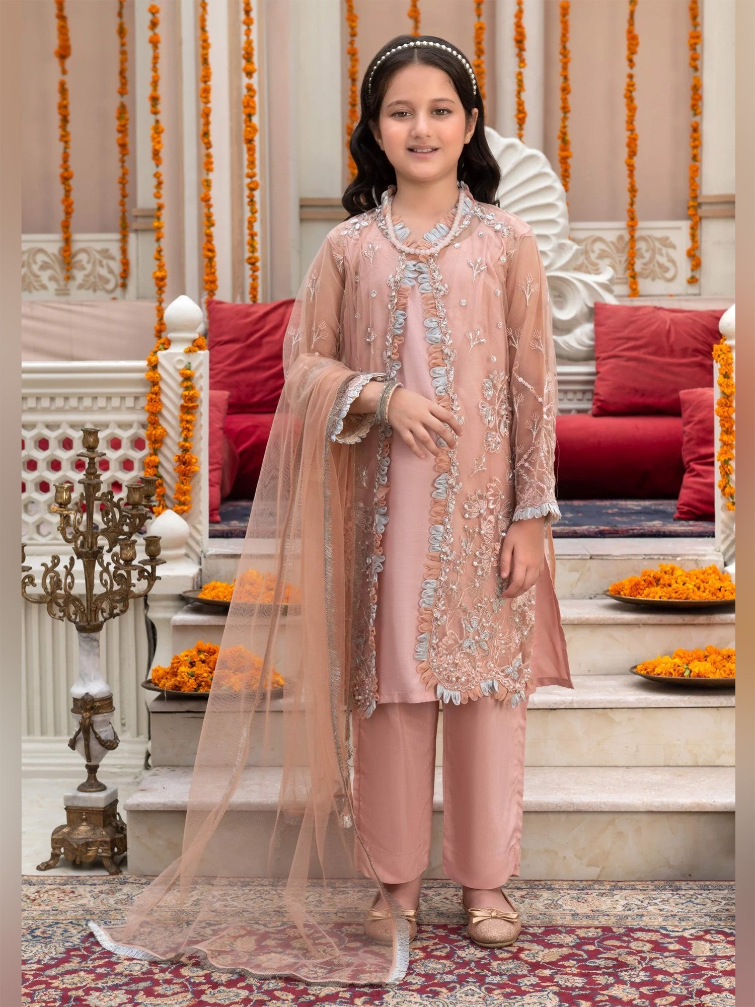 Ally's Kids Pink Embroidered Net Gown Suit (AL-3861)