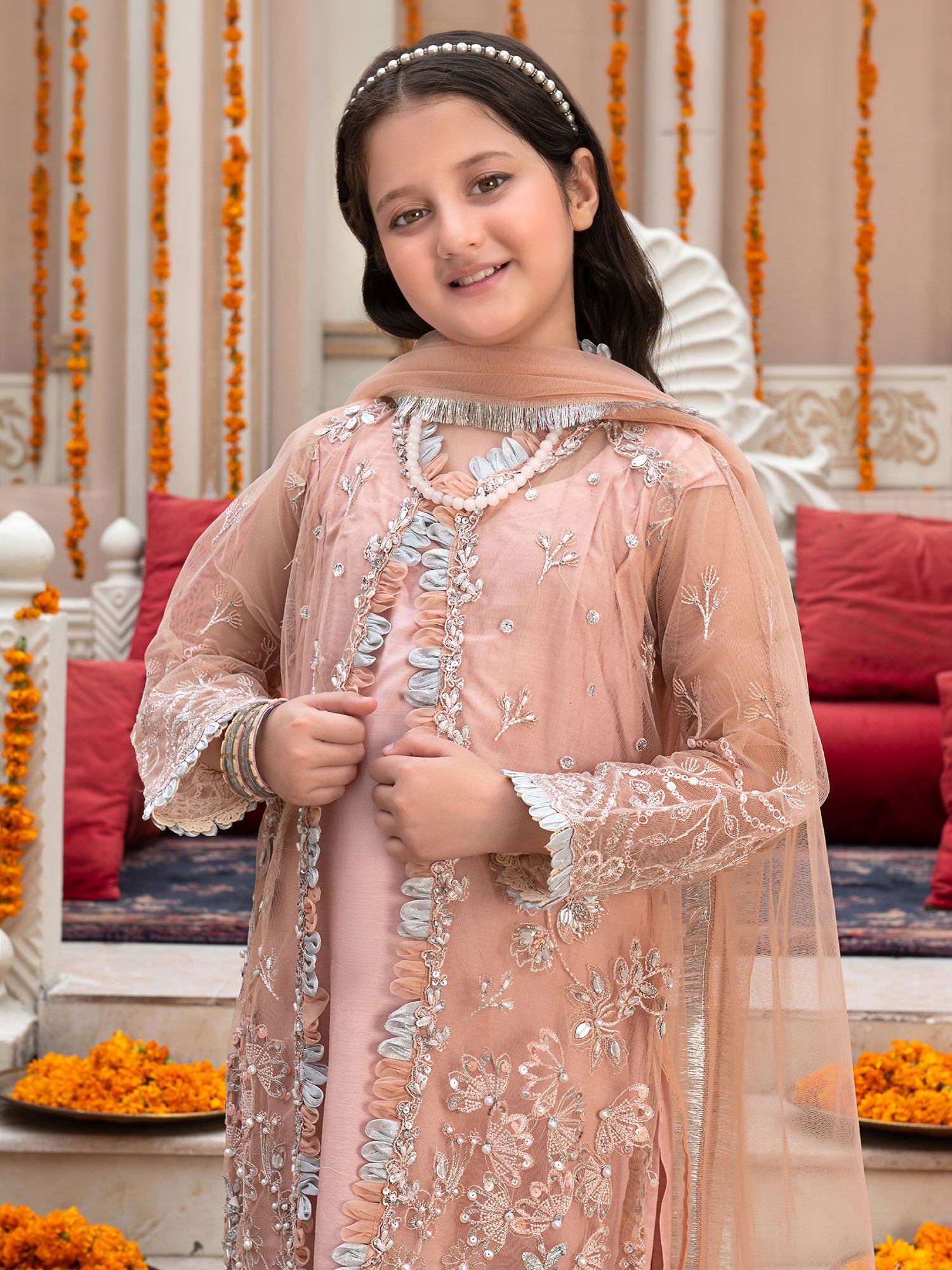 Ally's Kids Pink Embroidered Net Gown Suit (AL-3861)