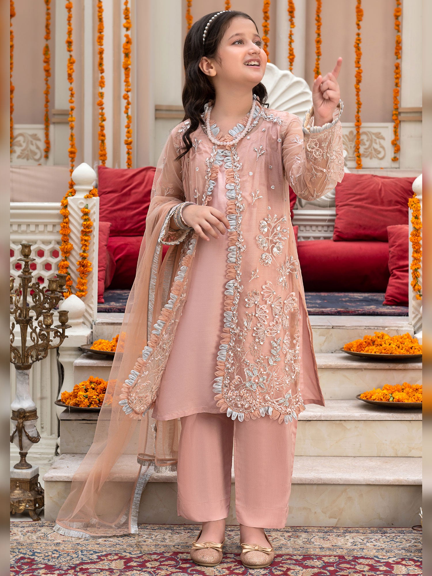 Ally's Kids Pink Embroidered Net Gown Suit (AL-3861)