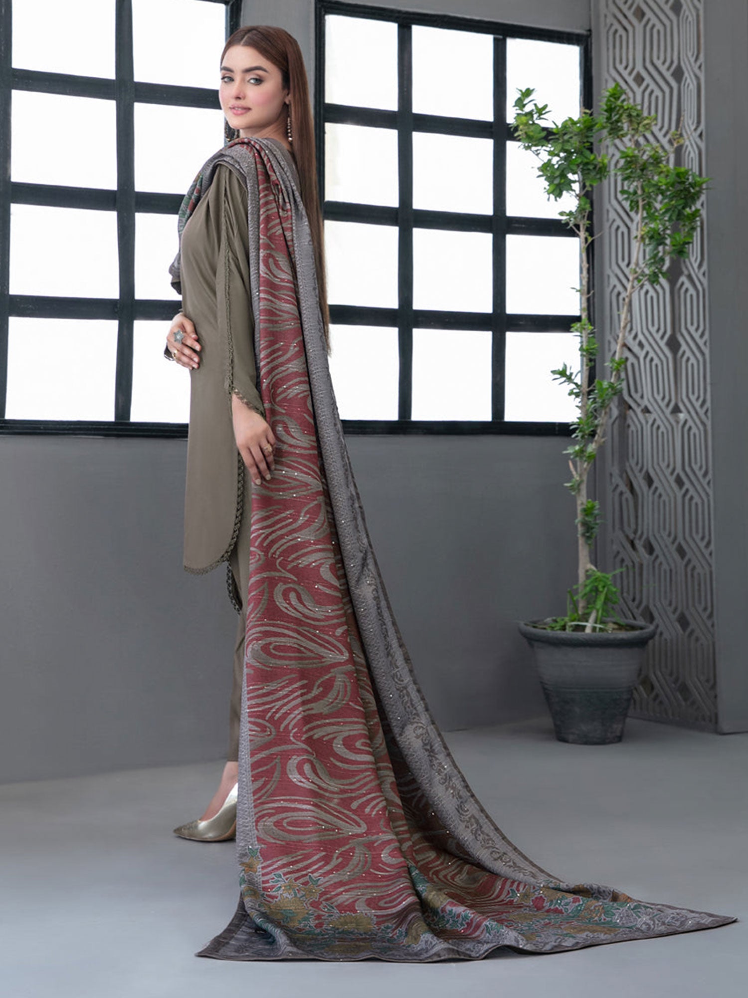 Tawakkal "Calico" Casual Staple Suit with Shawl (D3775) - Olive