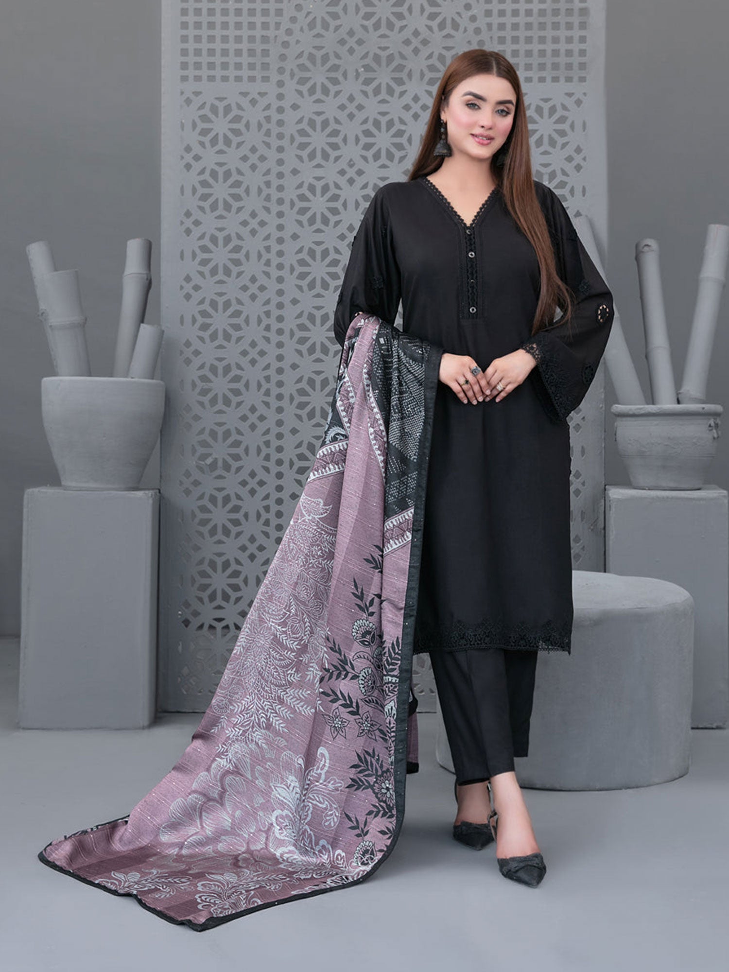 Tawakkal "Calico" Casual Staple Suit with Shawl (D3778) - Black