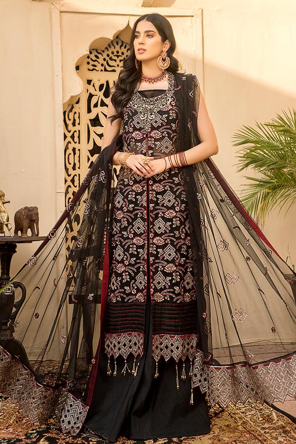 Maryam's Luxury Embroidered Chiffon Suit - Black