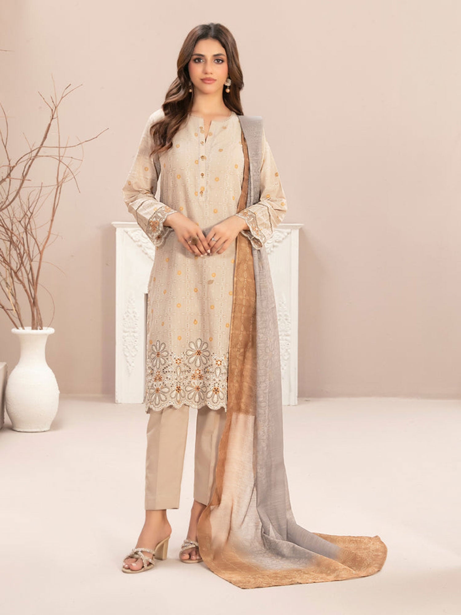 Tawakkal "Mismah" Embroidered Broshia Lawn Suit (D2746) - Light Brown